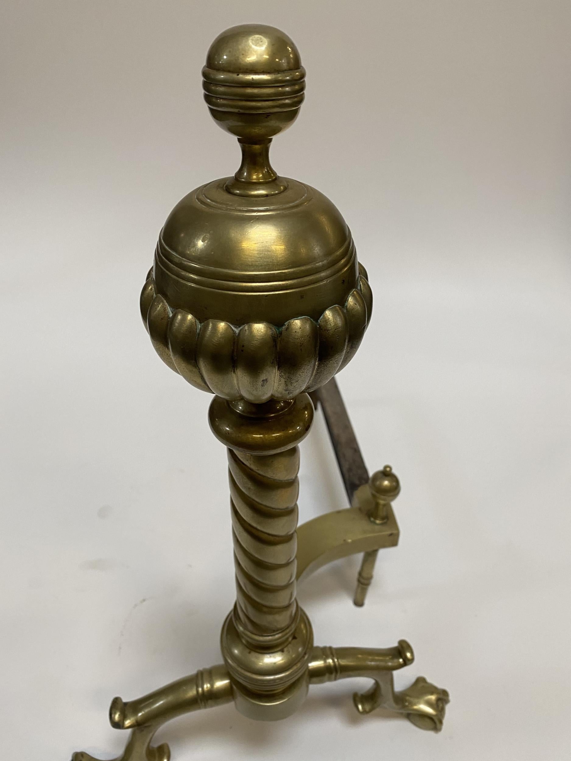Edwardian Pair of Brass Belted Ball-top and Spiral Turned Clawfoot Andirons For Sale
