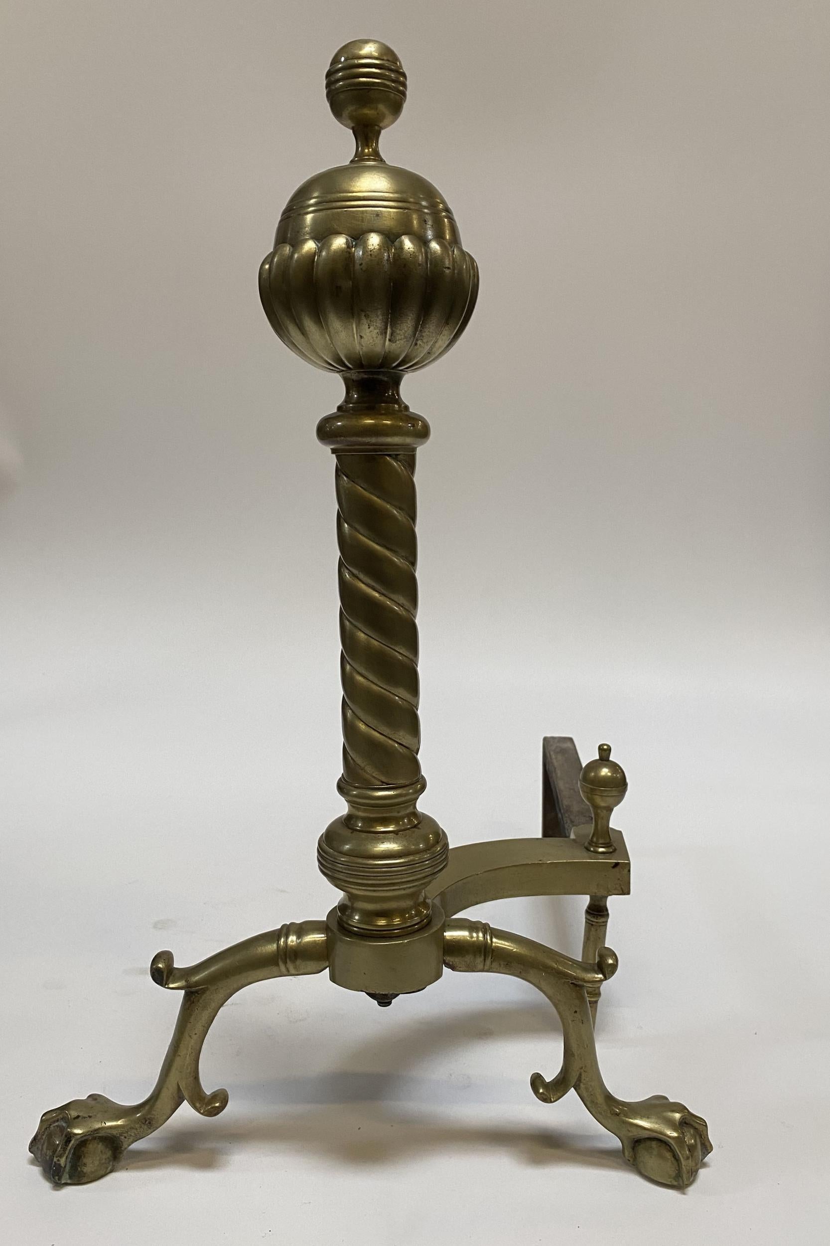 French Pair of Brass Belted Ball-top and Spiral Turned Clawfoot Andirons For Sale