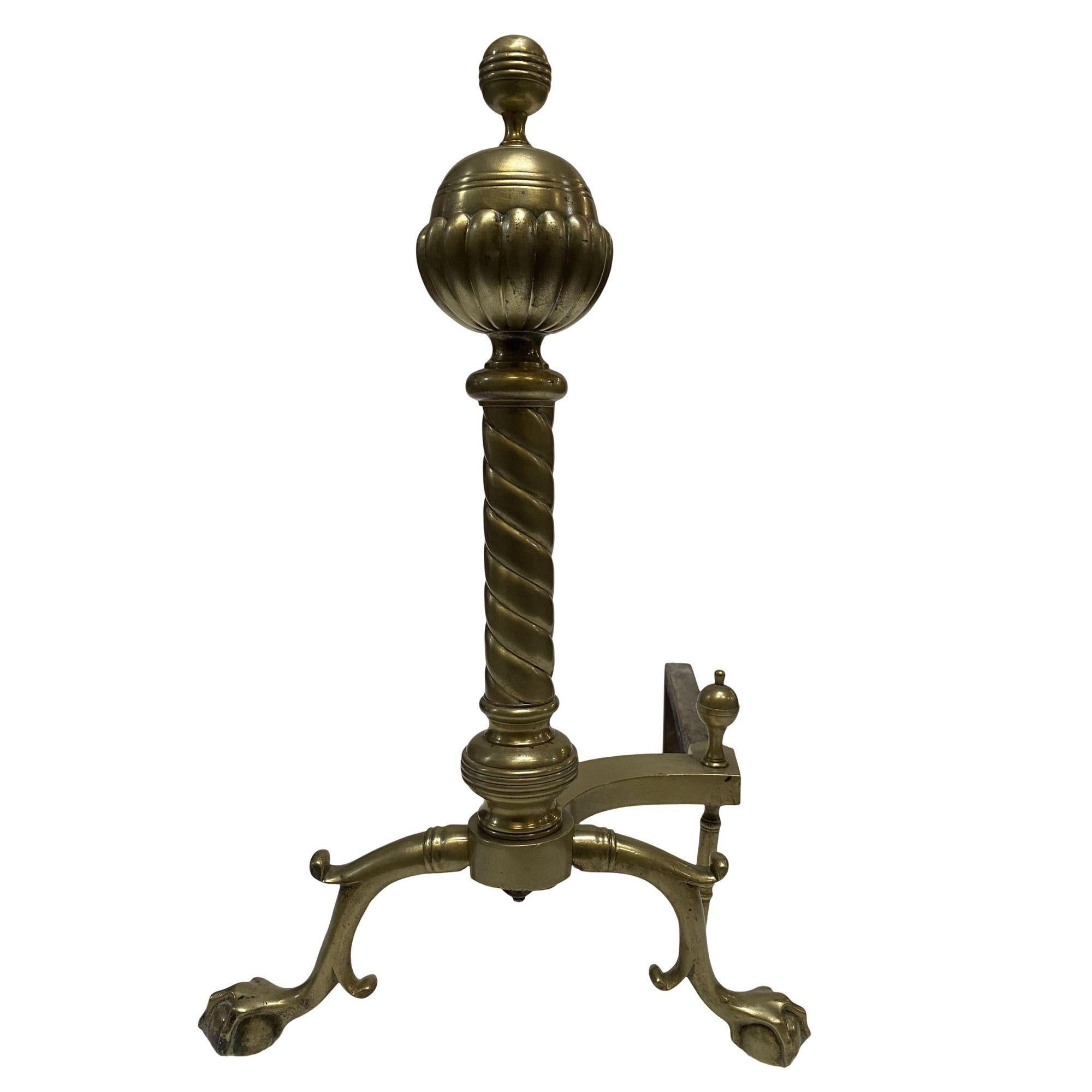 French Pair of Brass Belted Ball-top and Spiral Turned Clawfoot Andirons For Sale