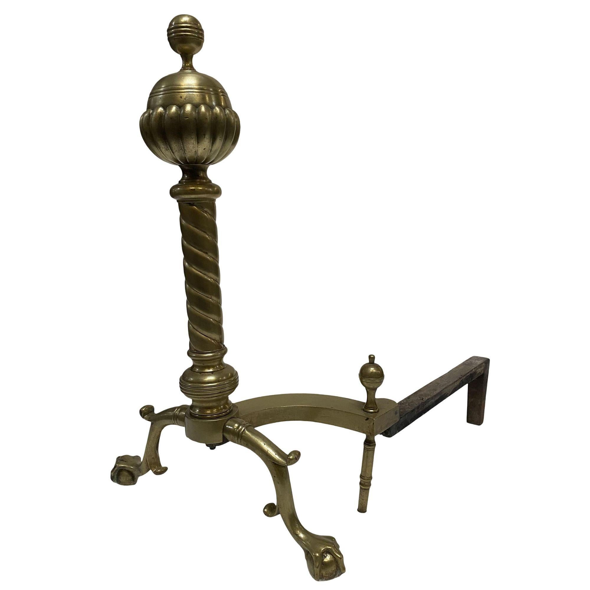 Pair of Brass Belted Ball-top and Spiral Turned Clawfoot Andirons In Excellent Condition For Sale In Van Nuys, CA