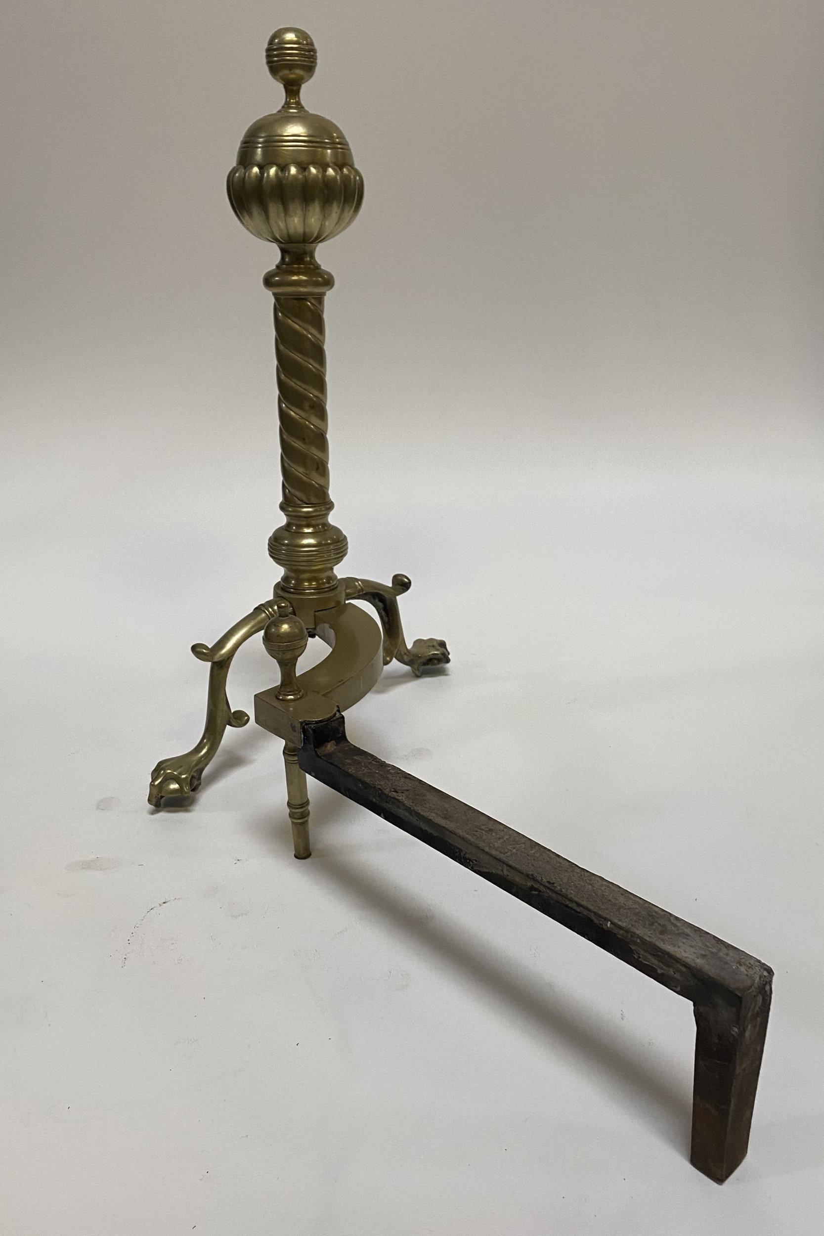 Early 20th Century Pair of Brass Belted Ball-top and Spiral Turned Clawfoot Andirons For Sale