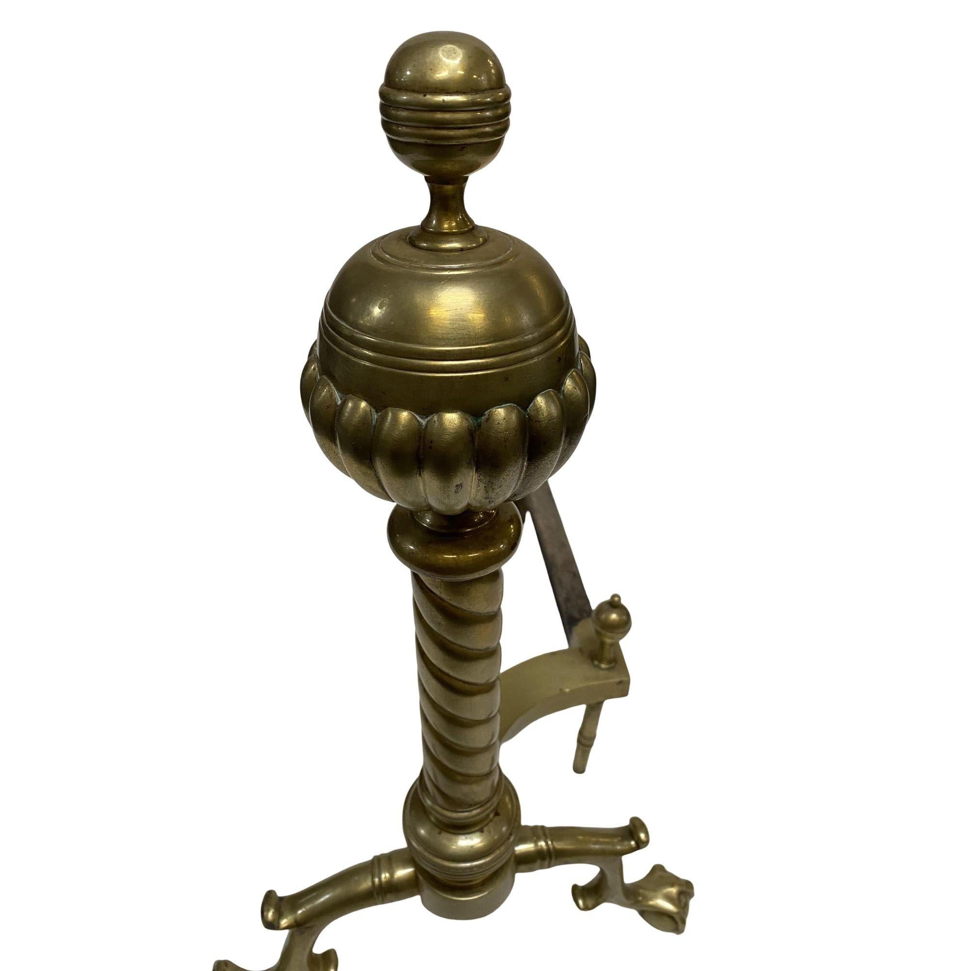 Early 20th Century Pair of Brass Belted Ball-top and Spiral Turned Clawfoot Andirons For Sale