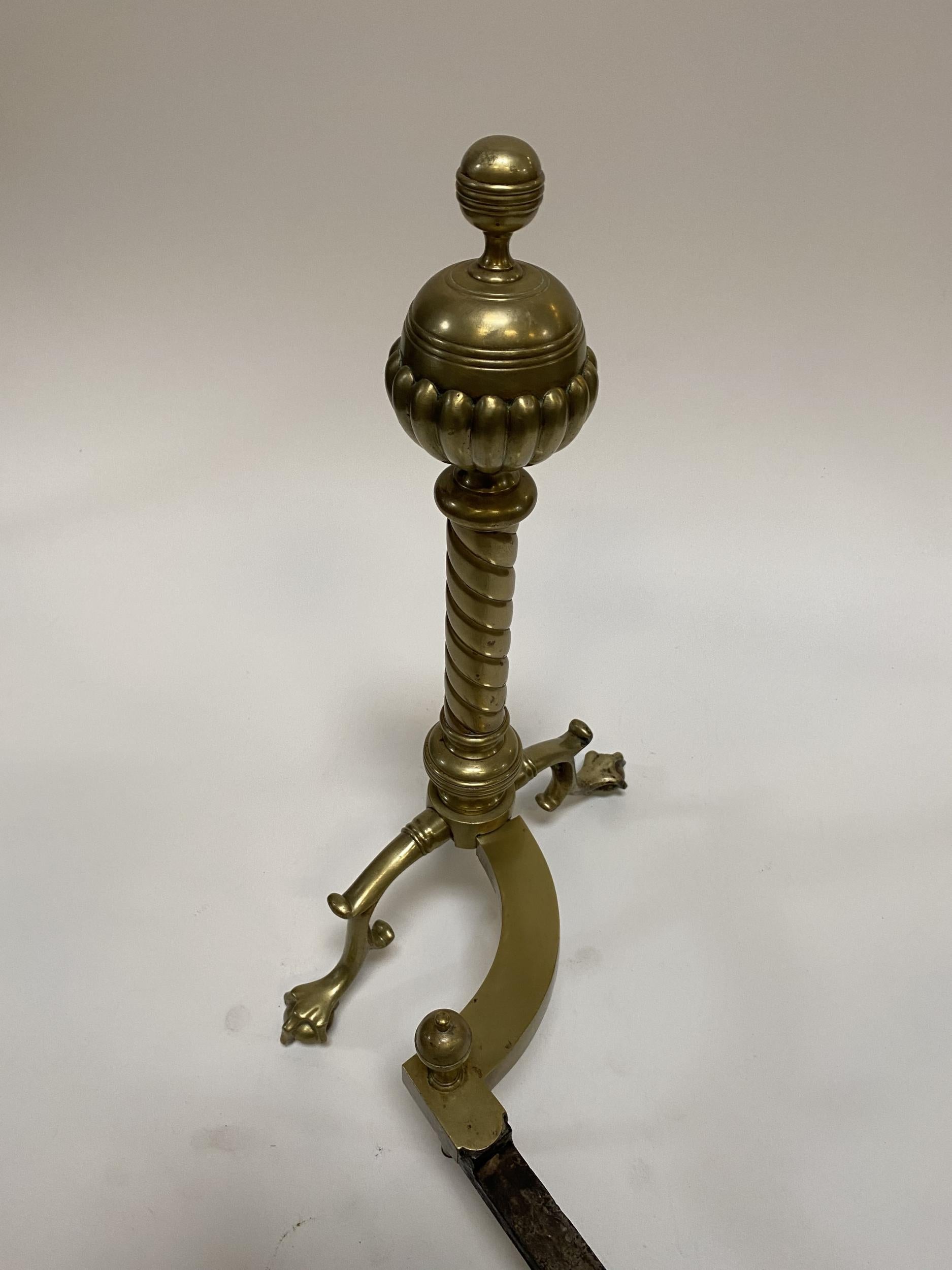 Pair of Brass Belted Ball-top and Spiral Turned Clawfoot Andirons For Sale 1