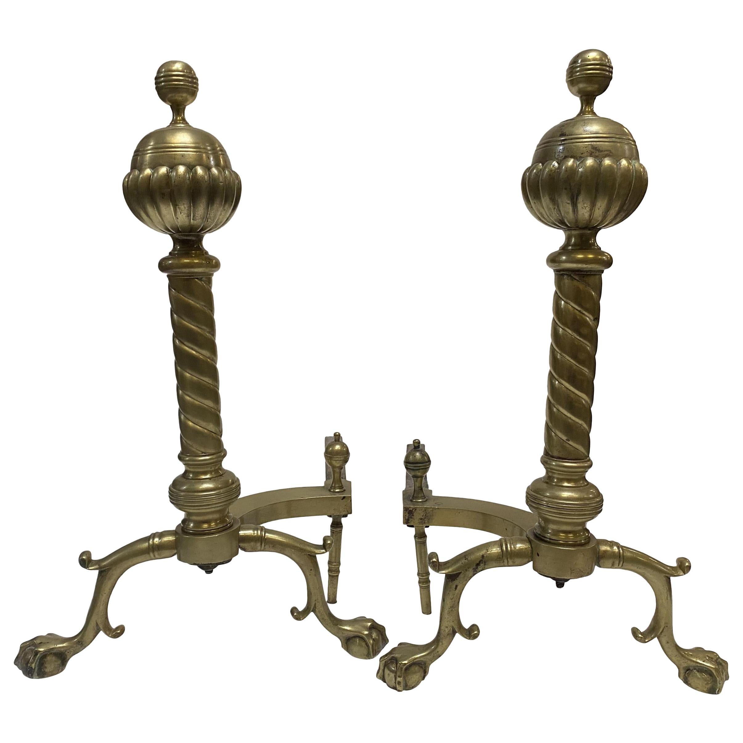 Pair of Brass Belted Ball-top and Spiral Turned Clawfoot Andirons For Sale