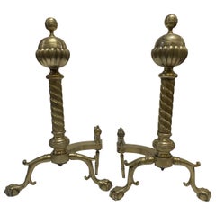 Pair of Brass Belted Ball-top and Spiral Turned Clawfoot Andirons