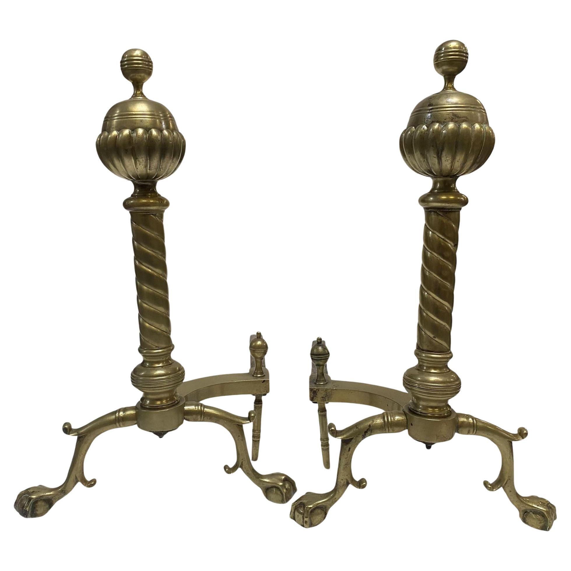 Pair of Brass Belted Ball-top and Spiral Turned Clawfoot Andirons For Sale