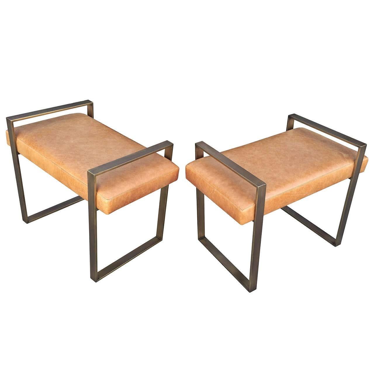 Mid-Century Modern Pair of Brass Benches by Charles Hollis Jones #HR-84, Signed For Sale