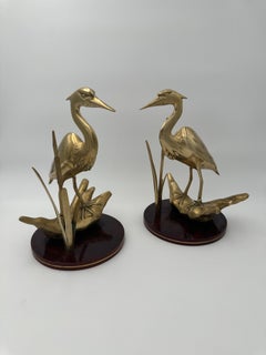 Pair of Brass Bird Sculptures on Wooden Bases, circa 1970