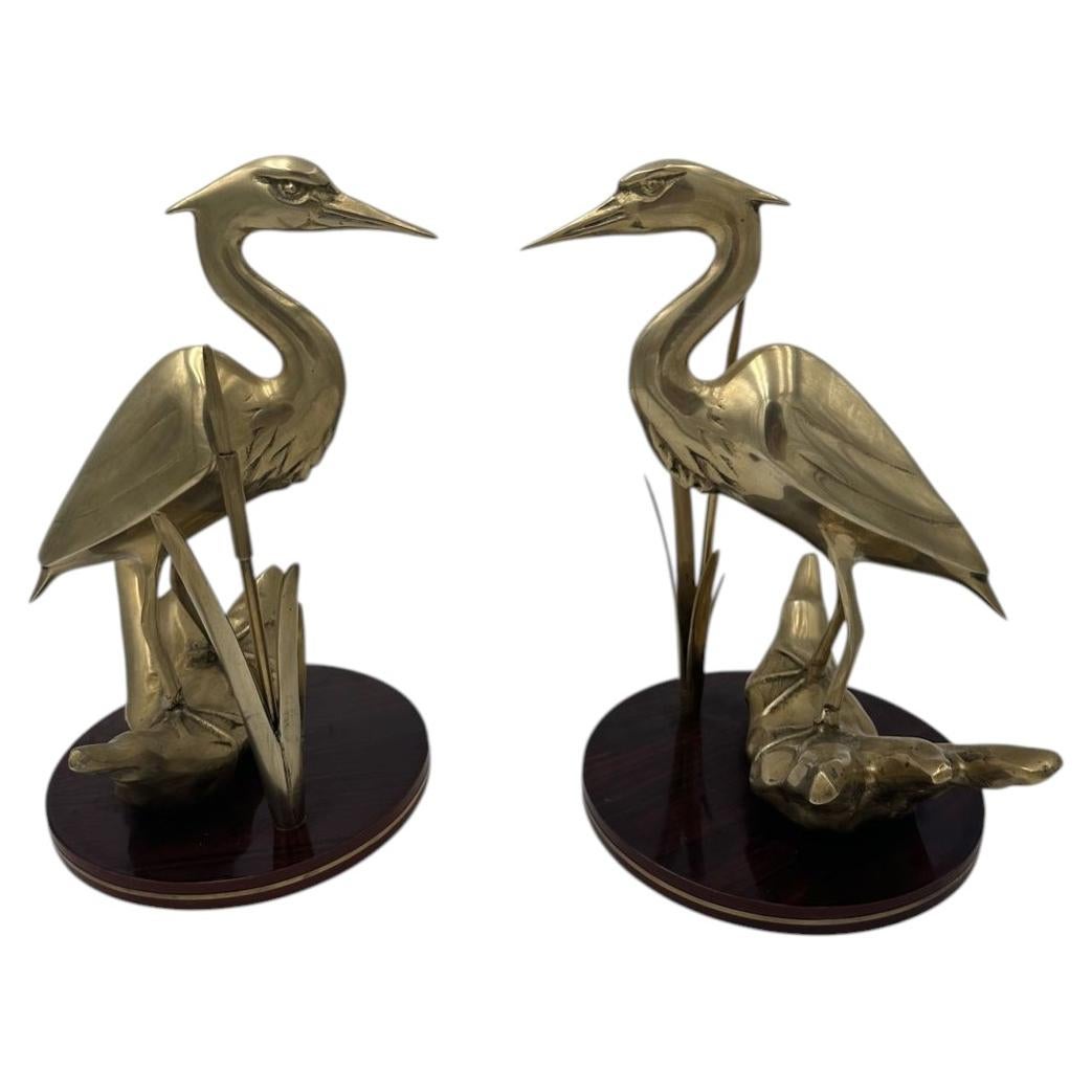 Pair of Brass Bird Sculptures on Wooden Bases, circa 1970 For Sale