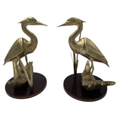 Pair of Brass Bird Sculptures on Wooden Bases, circa 1970