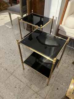Pair of Brass Black Glass Two Tier Side Tables Maison Jansen Style