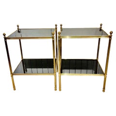 Pair of Brass Black Glass Two Tier Side Tables Maison Jansen Style