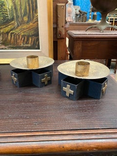 Pair of Brass Black Metal Brutalist Church Altar Candlesticks Candleholders