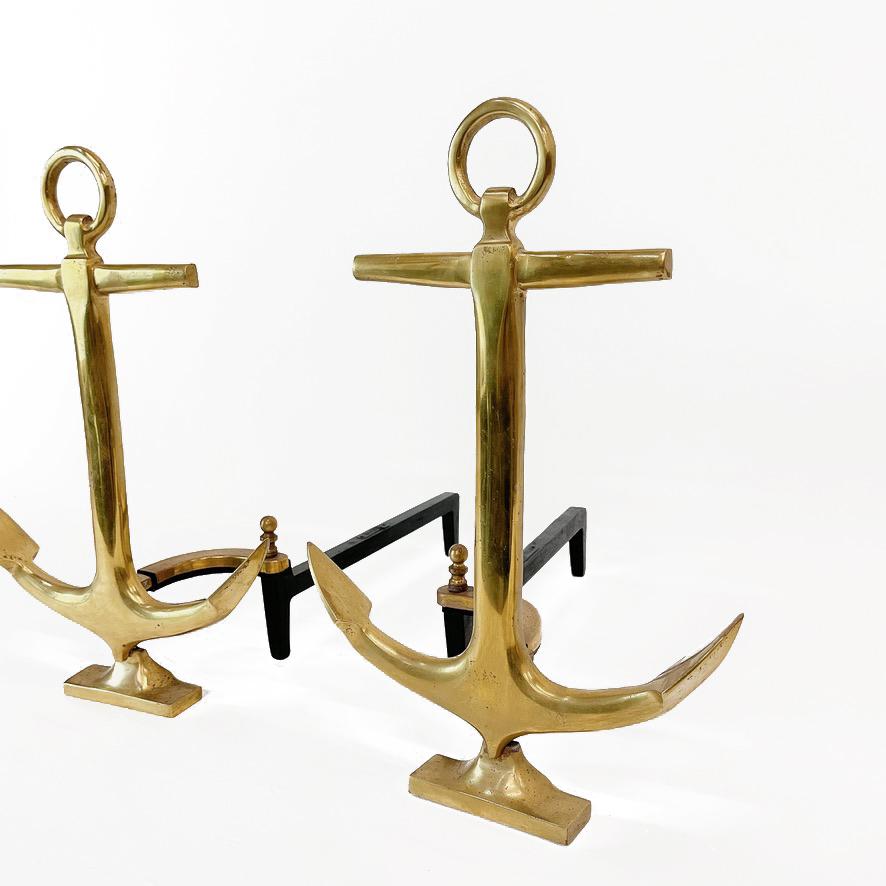 Art Deco Pair of Brass Boat Anchor Andirons, Circa 1940s For Sale