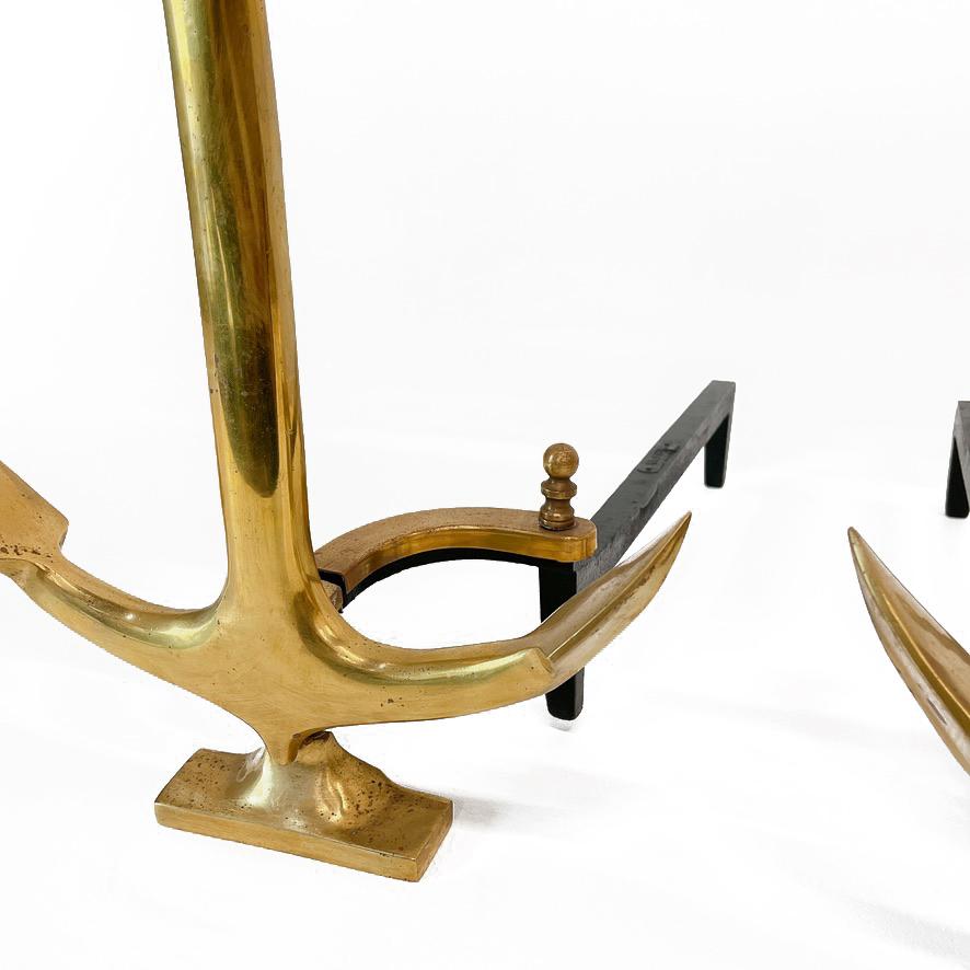 Pair of Brass Boat Anchor Andirons, Circa 1940s For Sale 1