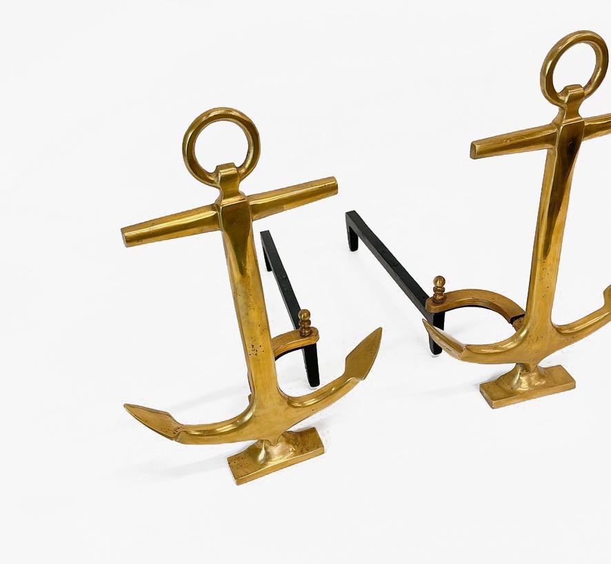 Pair of Brass Boat Anchor Andirons, Circa 1940s For Sale 2