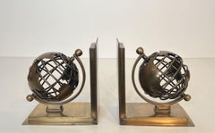 Pair of Brass Bookends Featuring Openwork Terrestrial Globes. French Work. 1970s