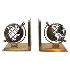 Pair of Brass Bookends Featuring Openwork Terrestrial Globes. French Work. 1970s