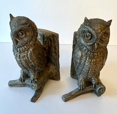Pair of Brass Bookends with Detailed Decorative Owls on Tree Limbs