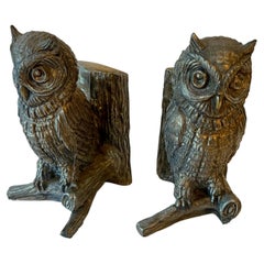 Pair of Brass Bookends with Detailed Decorative Owls on Tree Limbs