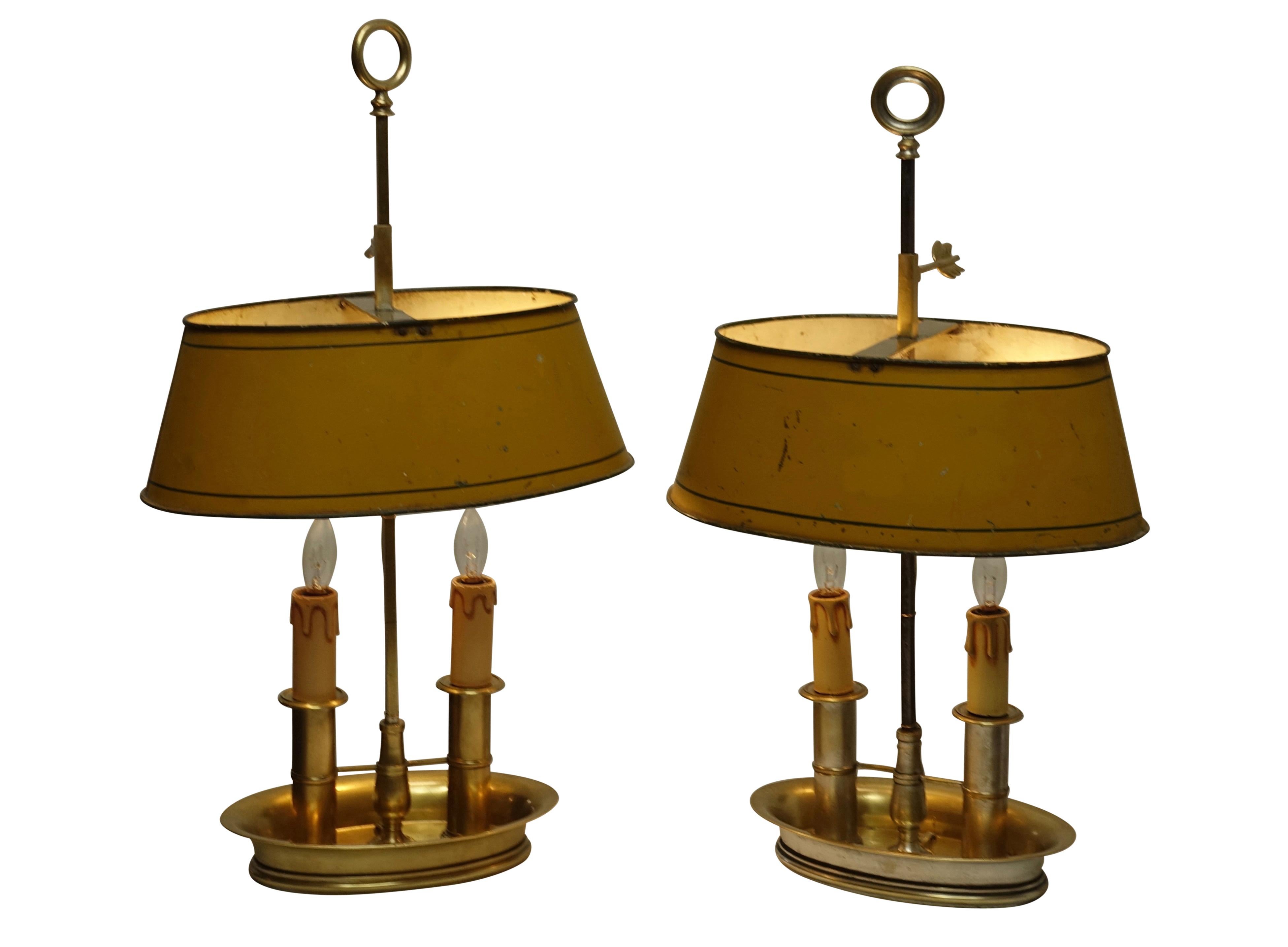Pair of Brass Bouilotte Lamps with Yellow Tole Shades, French Early 19th Century 3