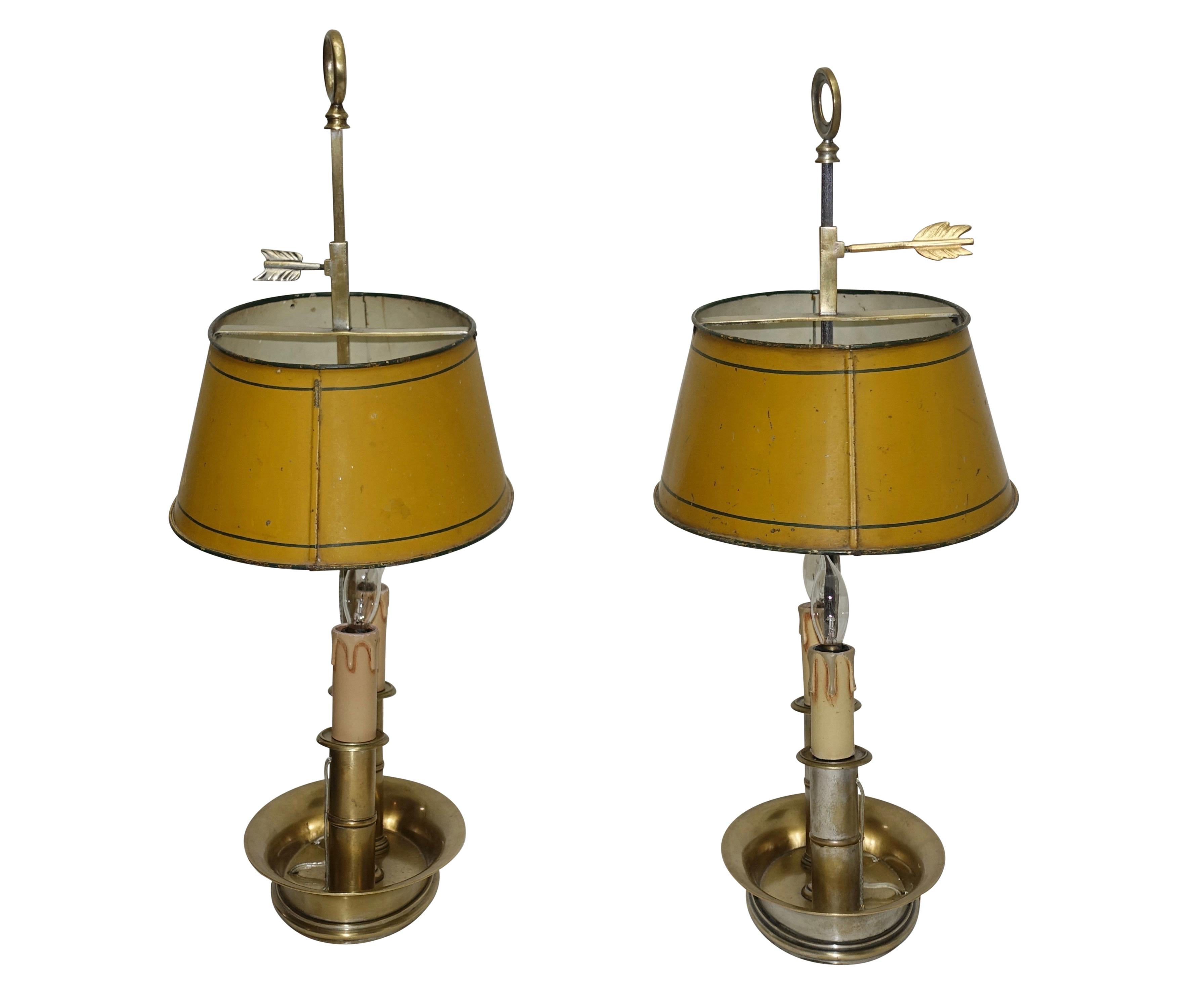Pair of Brass Bouilotte Lamps with Yellow Tole Shades, French Early 19th Century 2