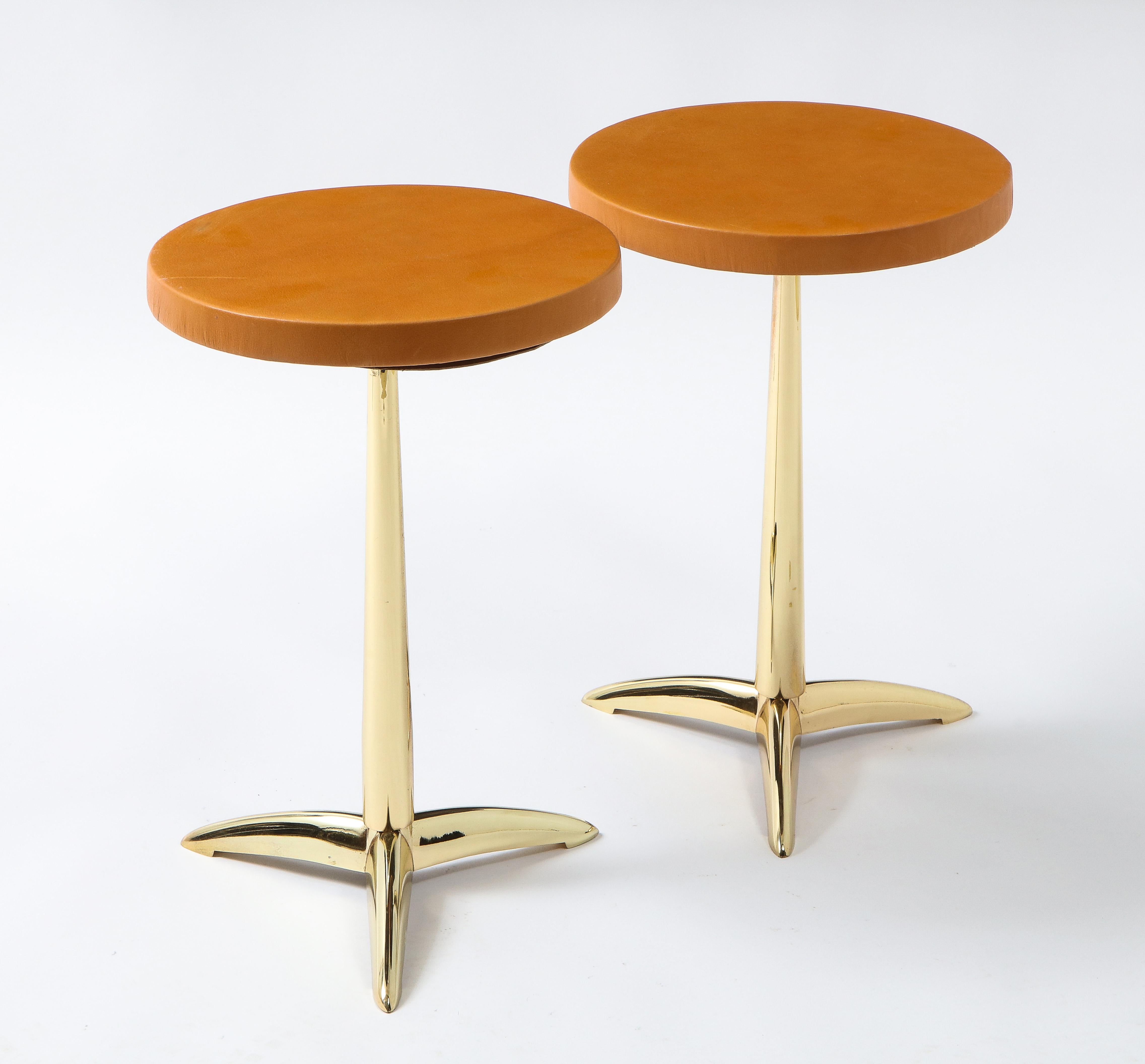 Mid-Century Modern Pair of Brass and Brown Leather Drinks Tables, USA, 1960