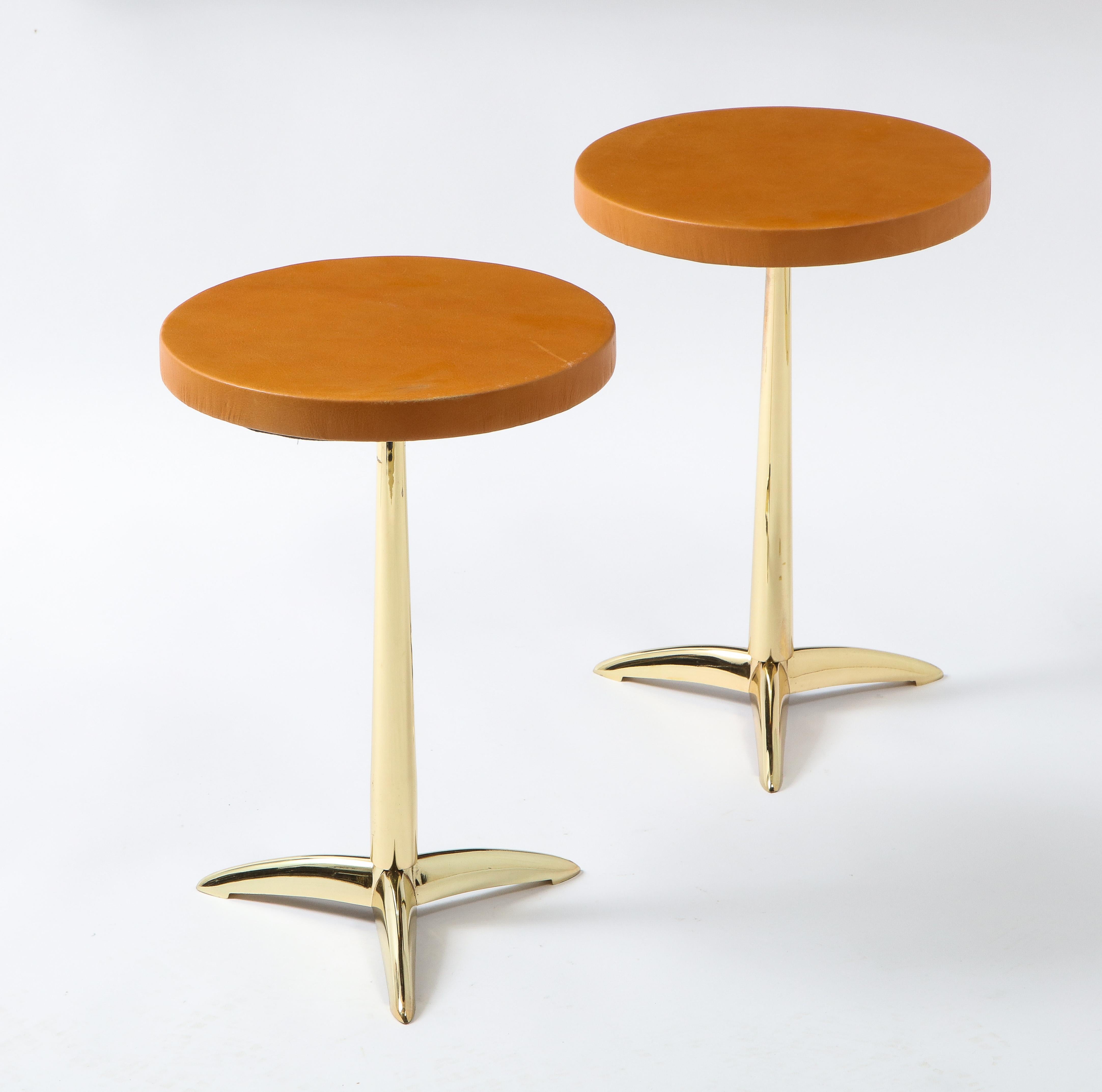 20th Century Pair of Brass and Brown Leather Drinks Tables, USA, 1960