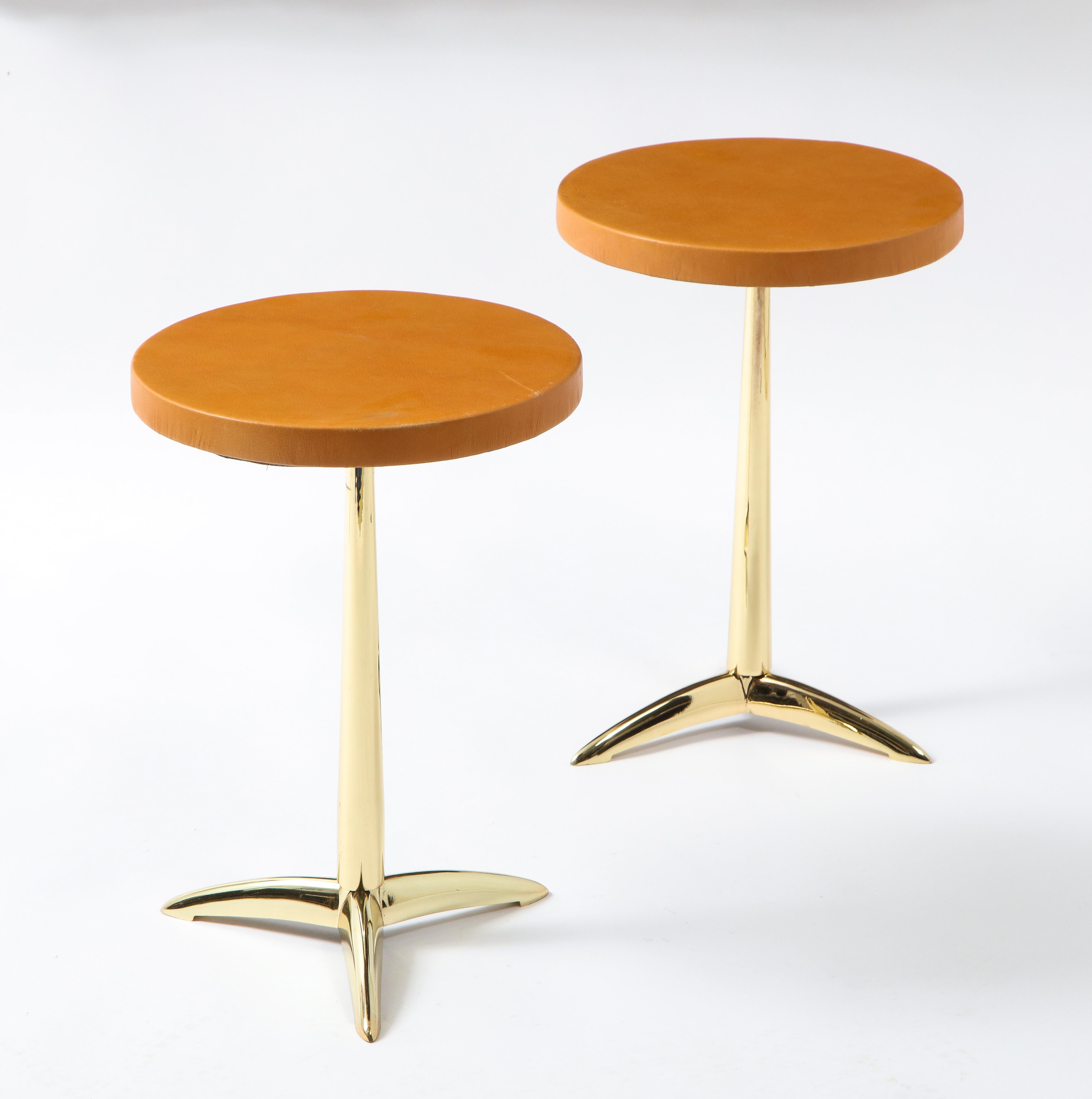 Pair of Brass and Brown Leather Drinks Tables, USA, 1960 1