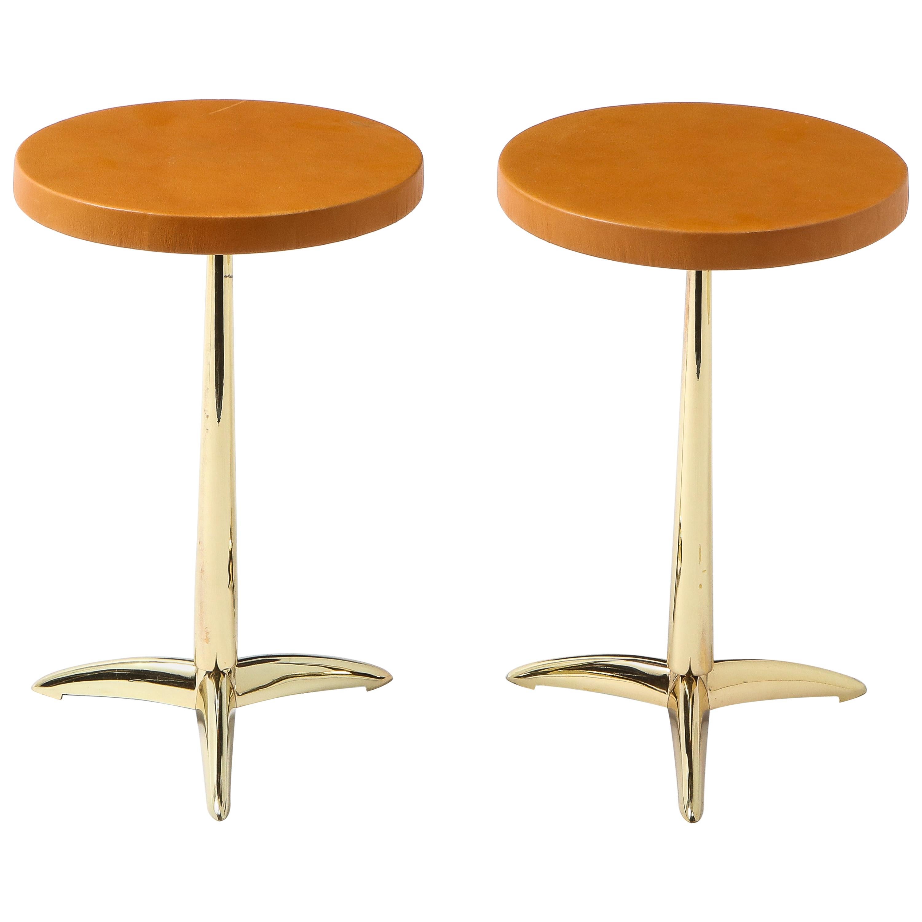 Pair of Brass and Brown Leather Drinks Tables, USA, 1960