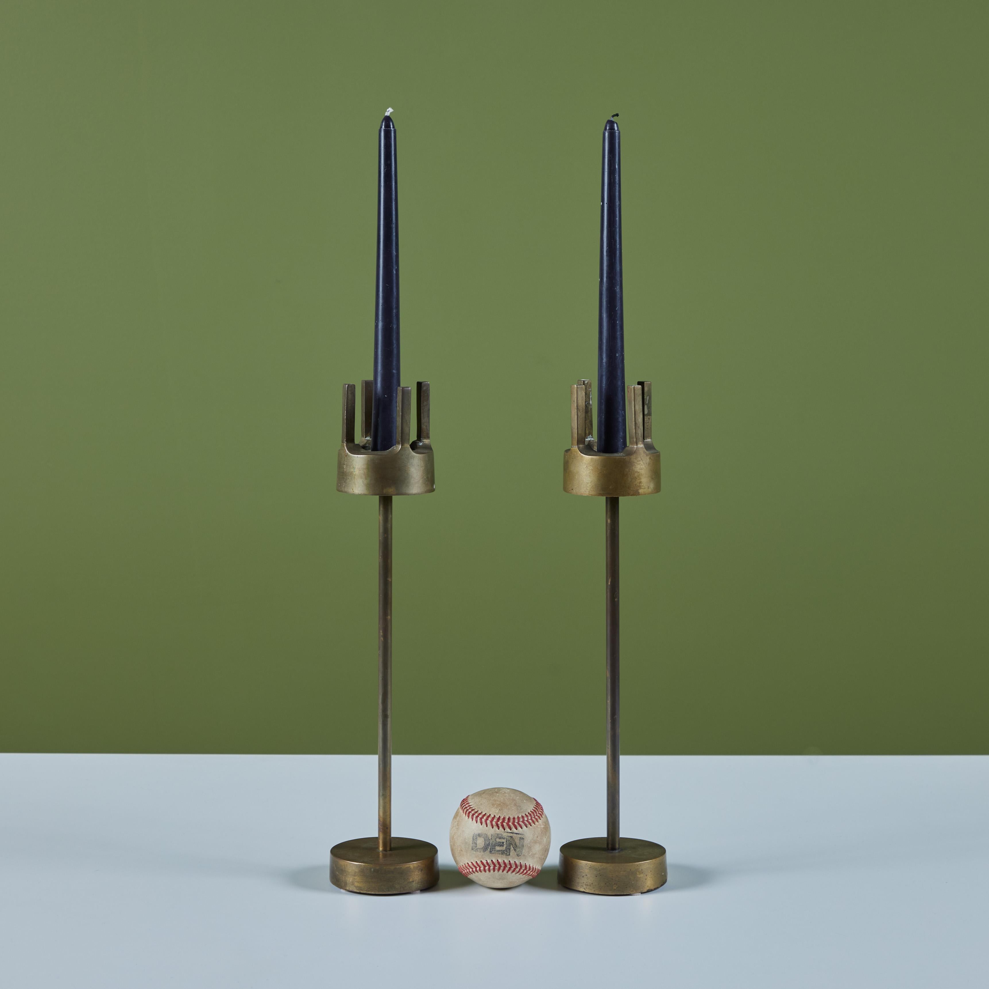 American Pair of Brass Brutalist Candlesticks For Sale