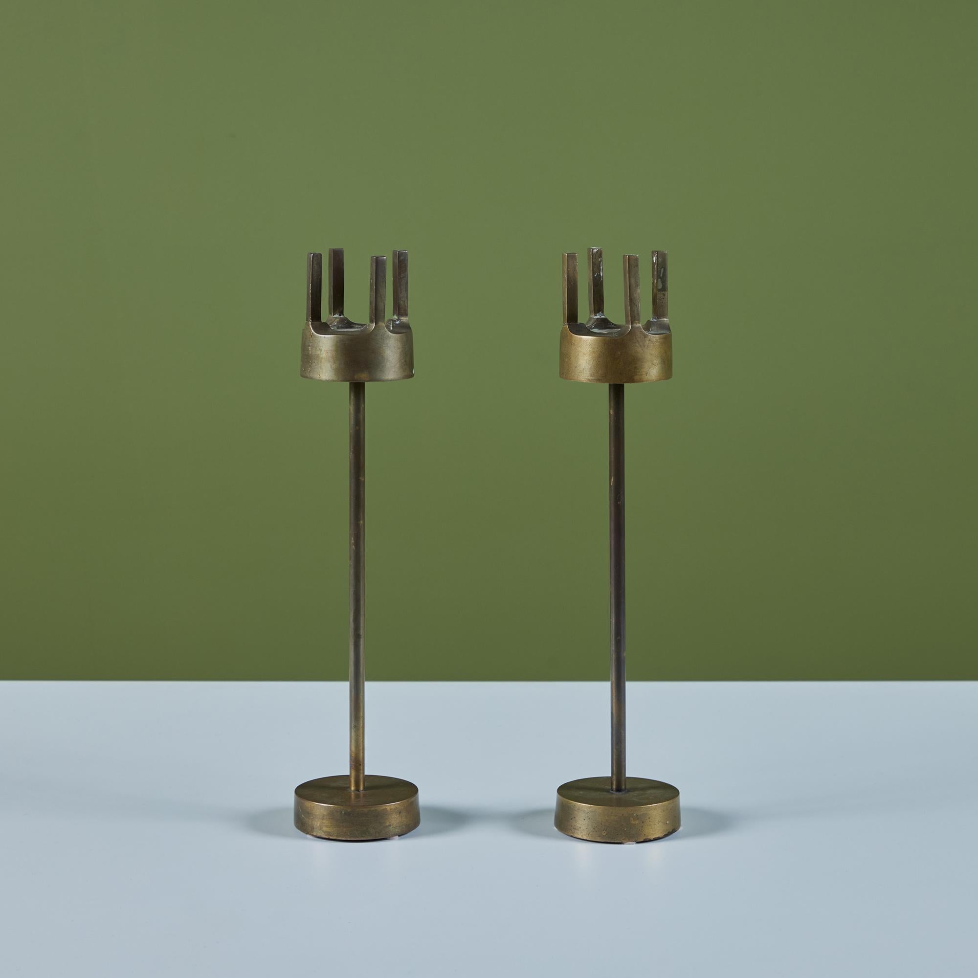 20th Century Pair of Brass Brutalist Candlesticks For Sale