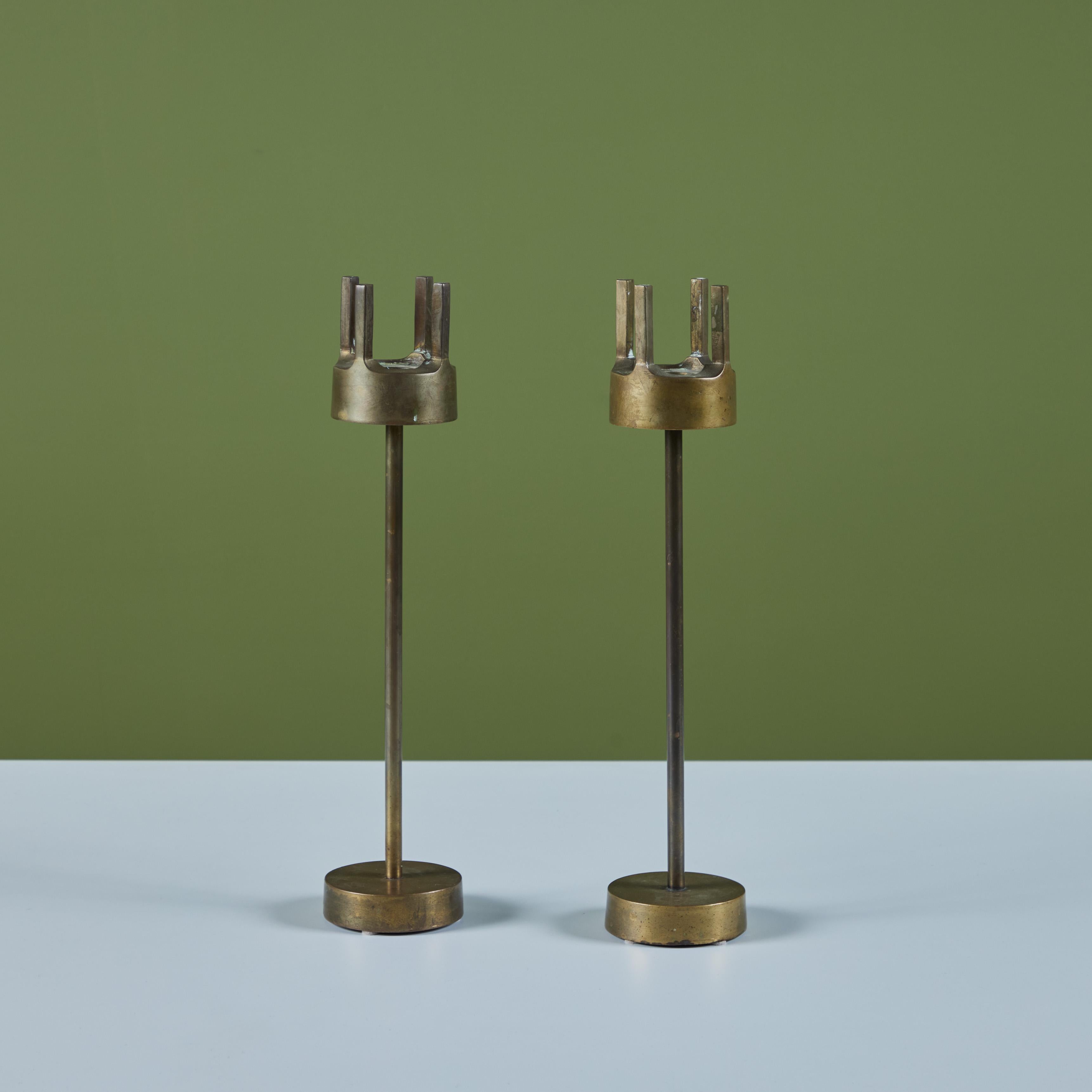 Pair of Brass Brutalist Candlesticks For Sale 1