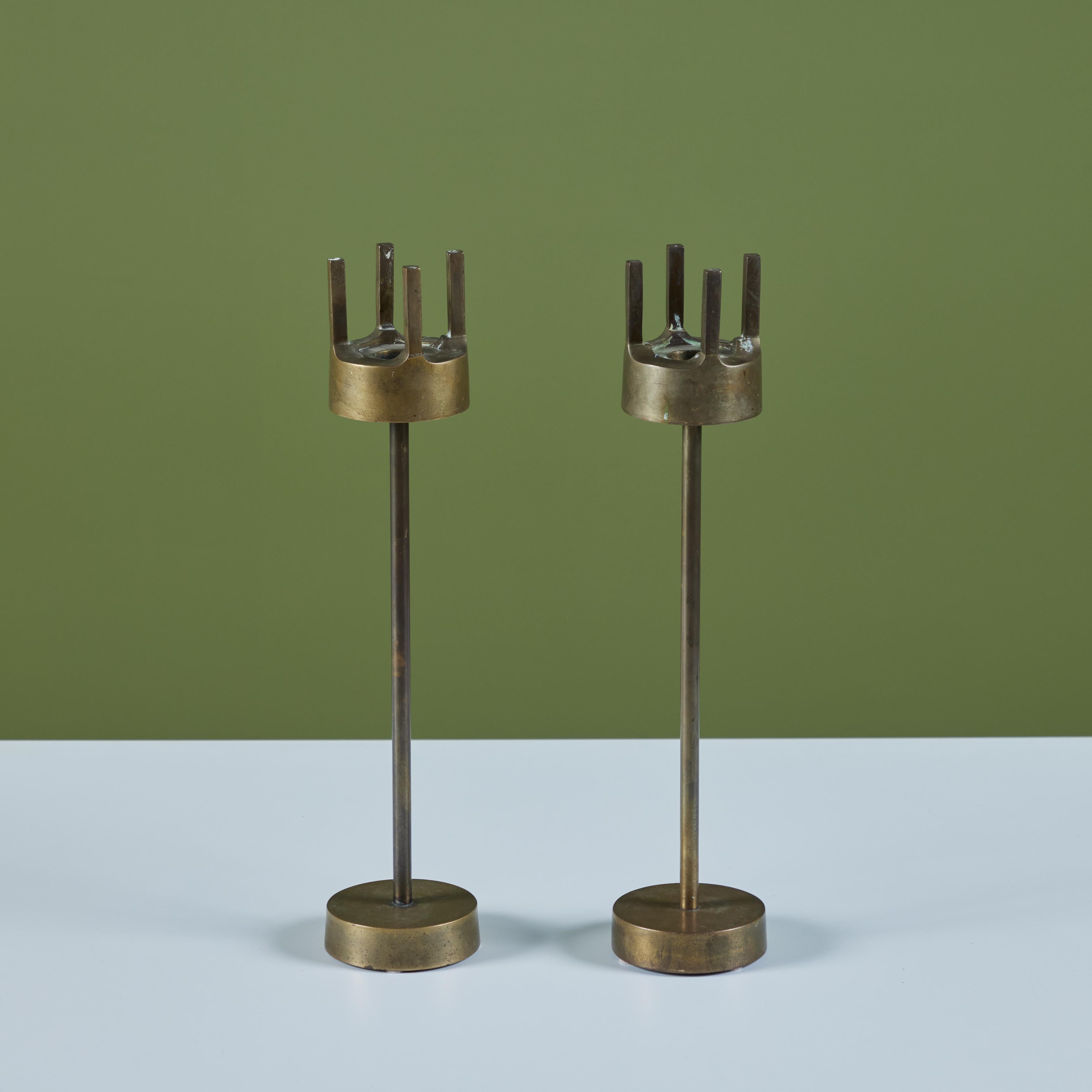 Pair of Brass Brutalist Candlesticks For Sale 2