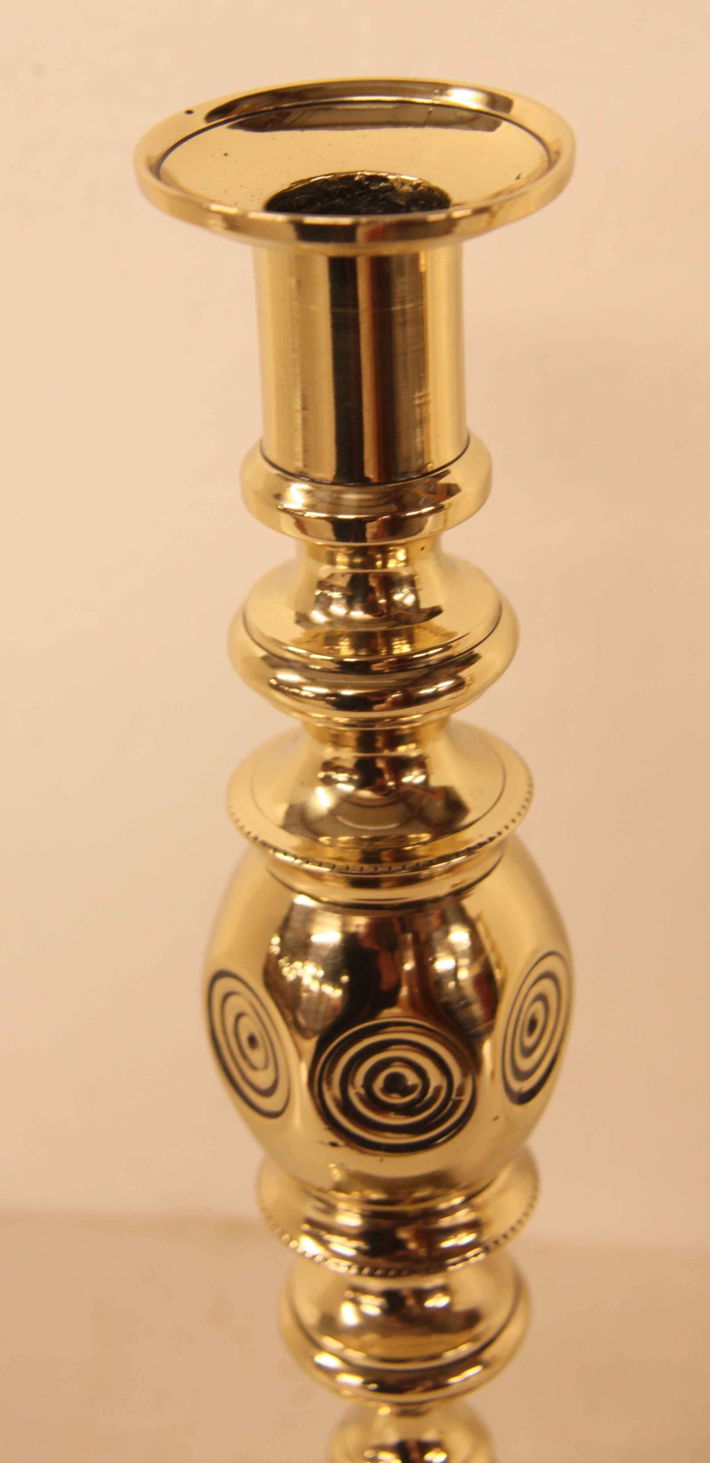 Late 19th Century Pair of Brass ''Bull's Eye'' Candlesticks For Sale