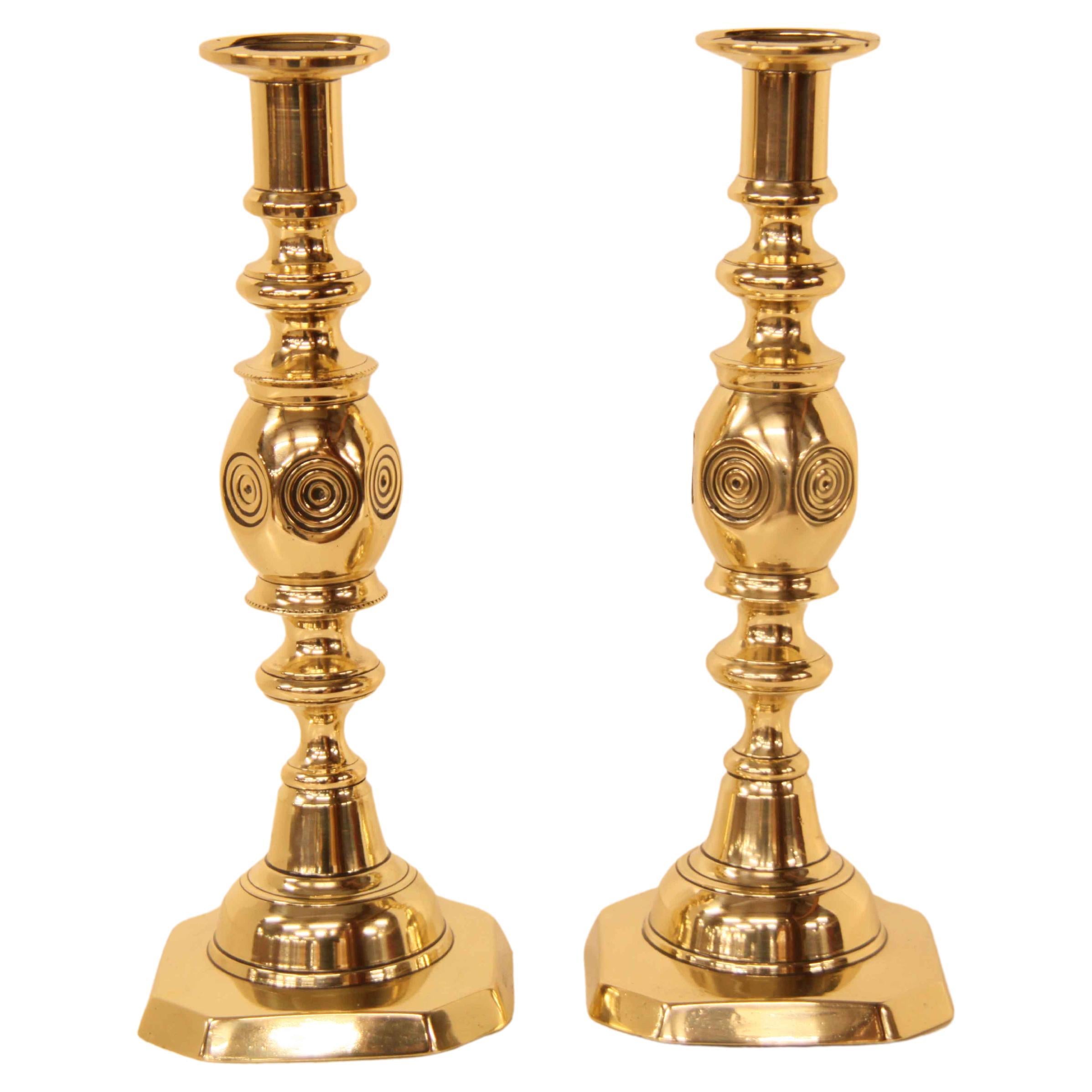 Pair of Brass ''Bull's Eye'' Candlesticks For Sale