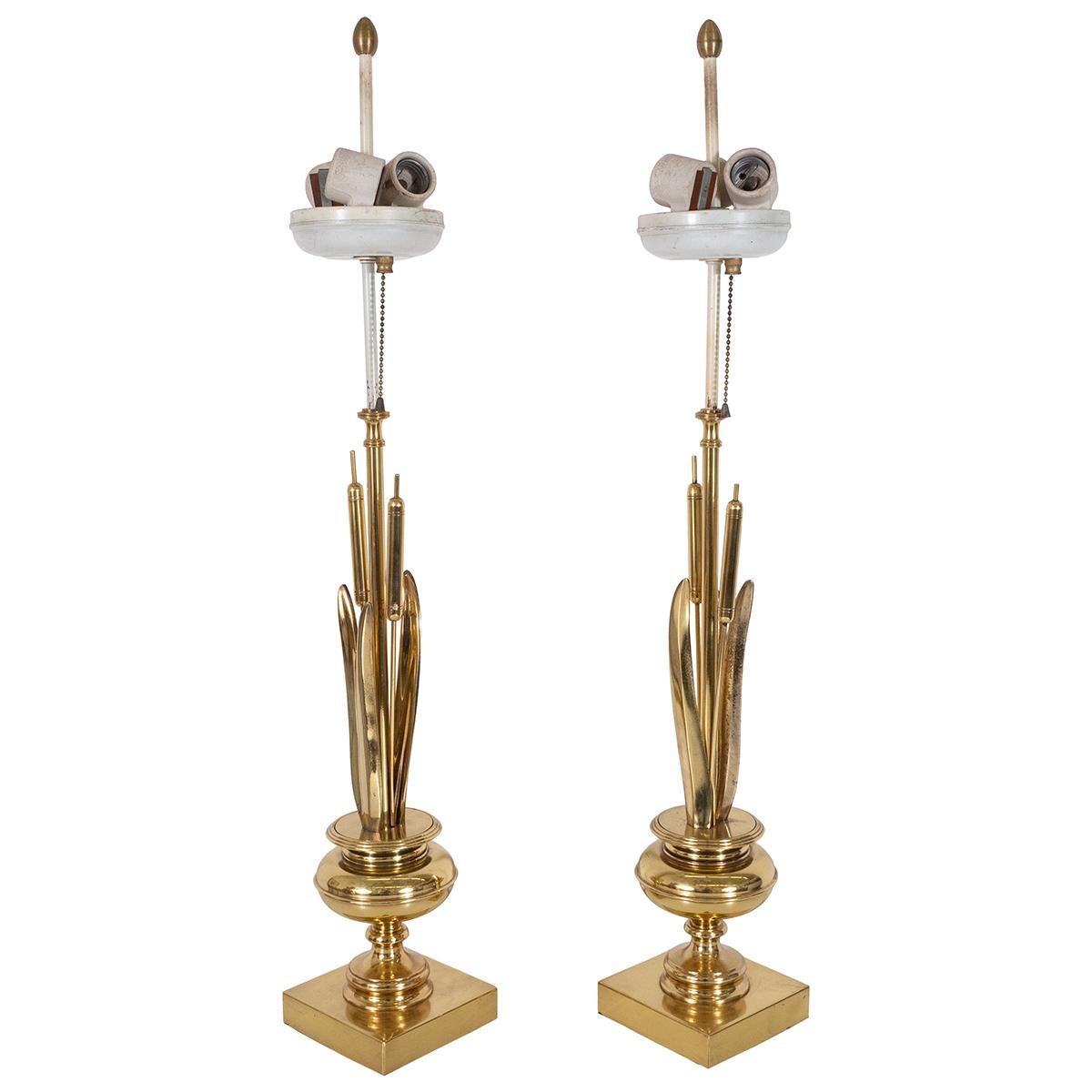 Pair of brass bulrush form table lamps For Sale 5