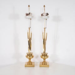Pair of brass bulrush form table lamps
