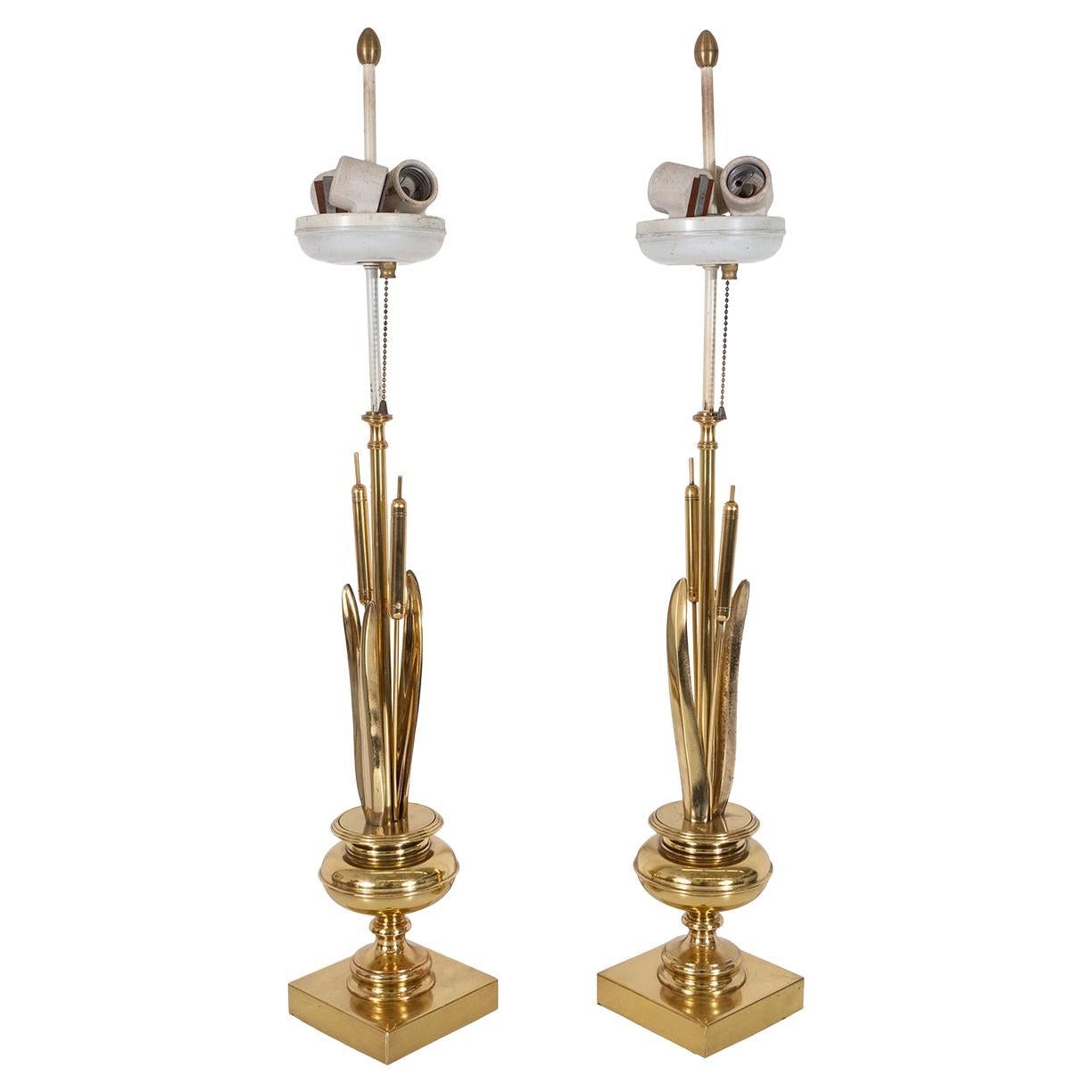 Pair of brass bulrush form table lamps For Sale