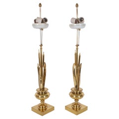 Pair of brass bulrush form table lamps