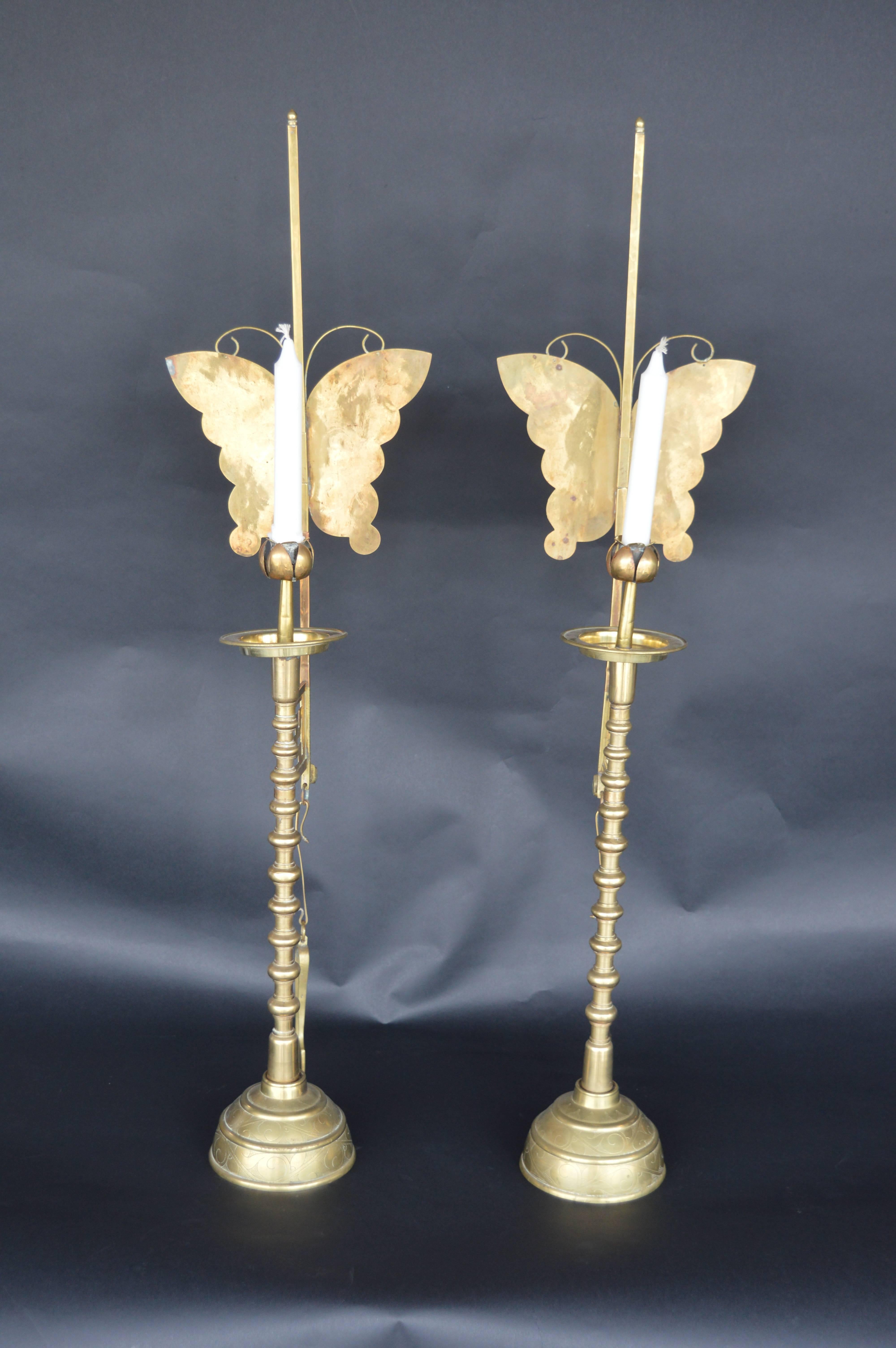 20th Century Pair of Brass Butterfly Candlesticks