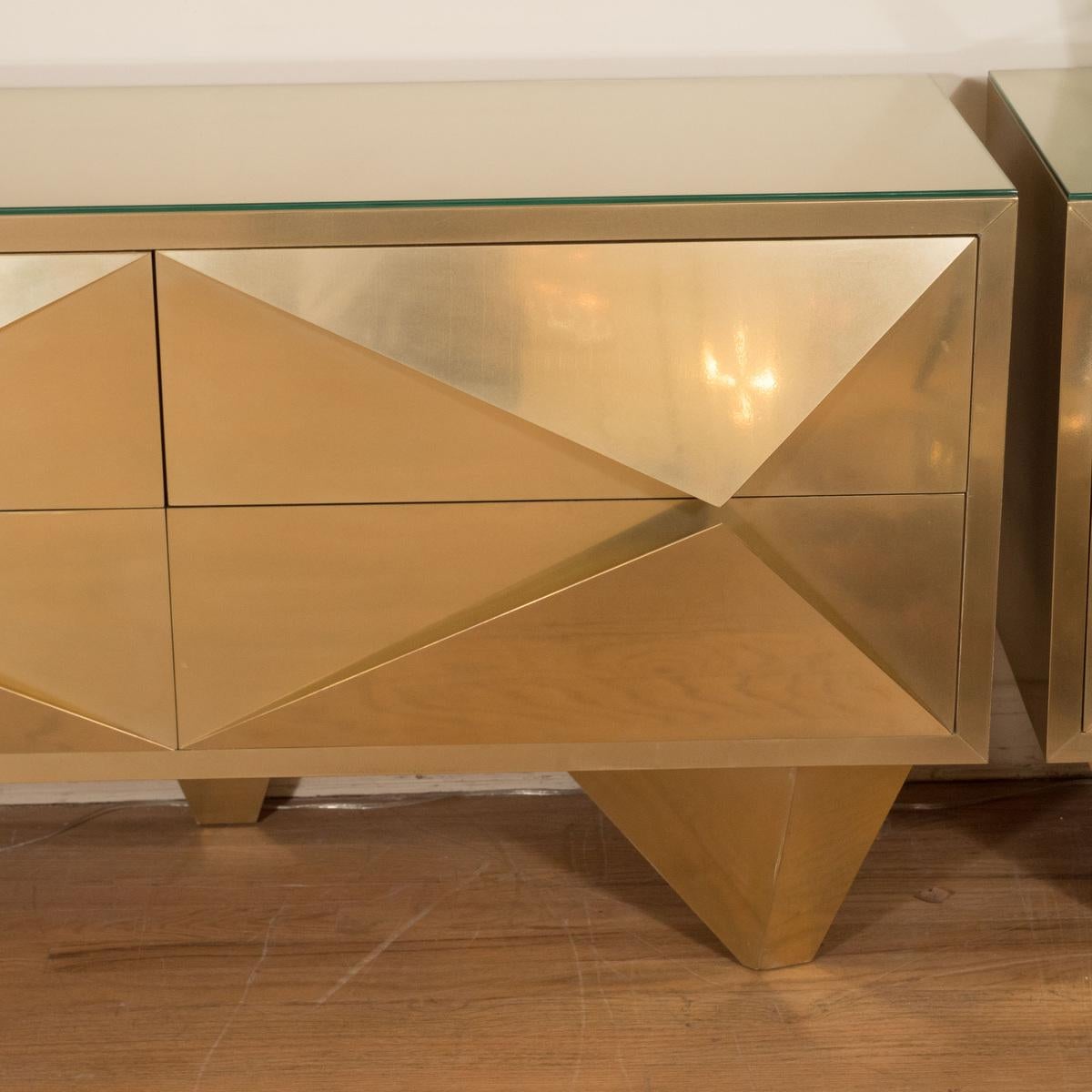 Mid-Century Modern Pair of Brass Cabinets with Diamond Form Front Details