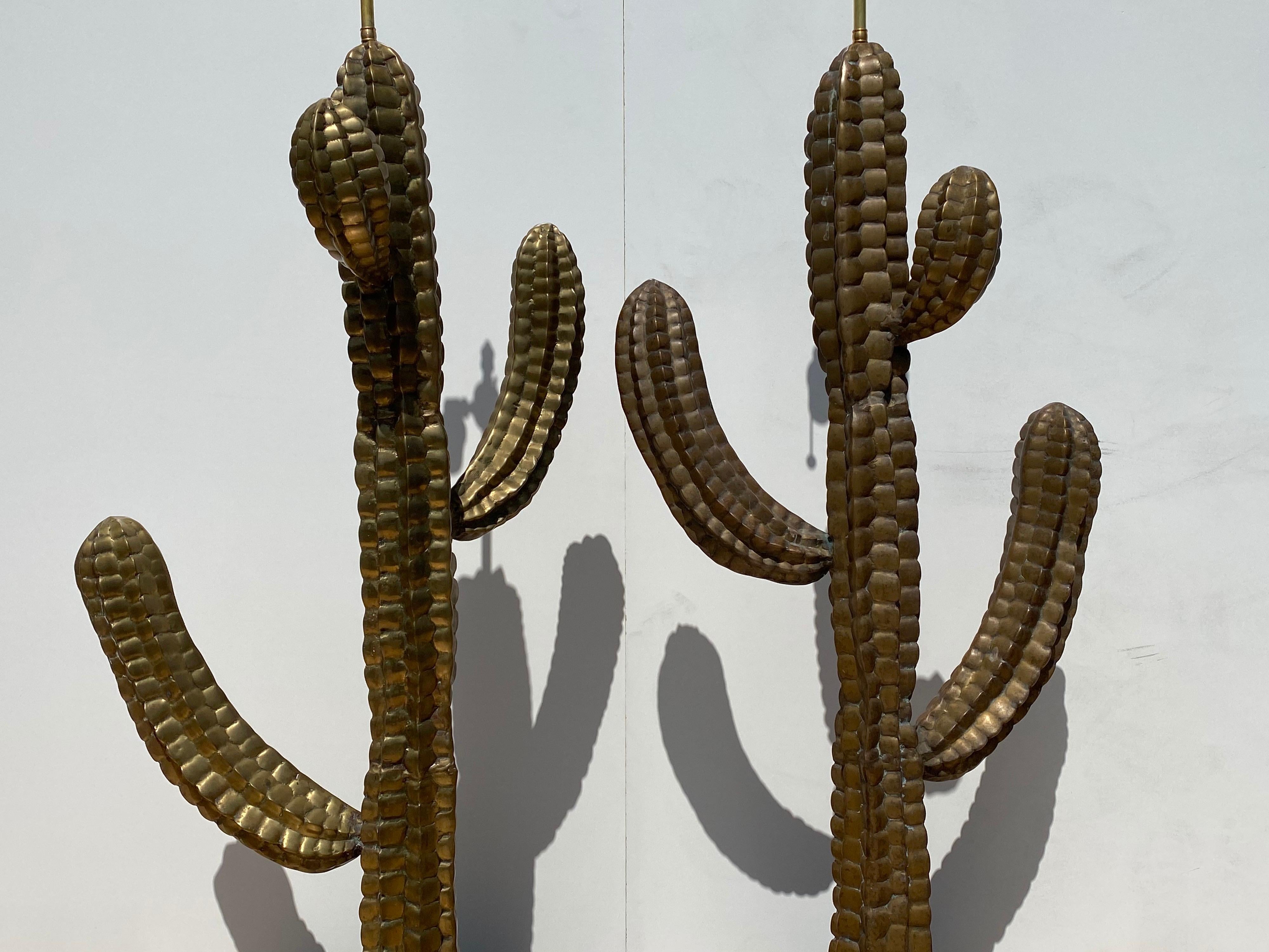 Pair of patinated brass cactus lamps. 
Base is 18