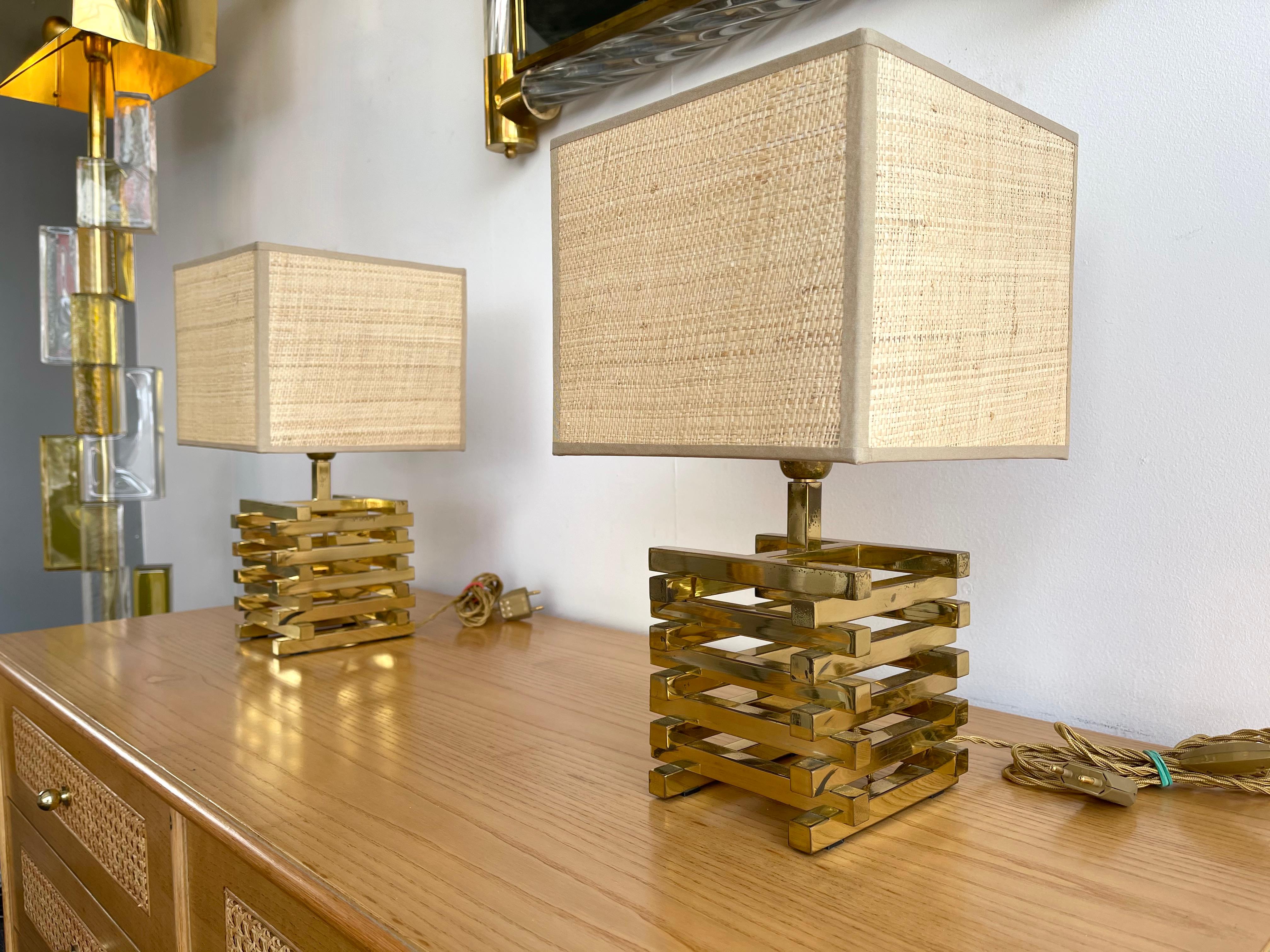 Mid-Century Modern Pair of Brass Cage Lamps by Sciolari, Italy, 1970s