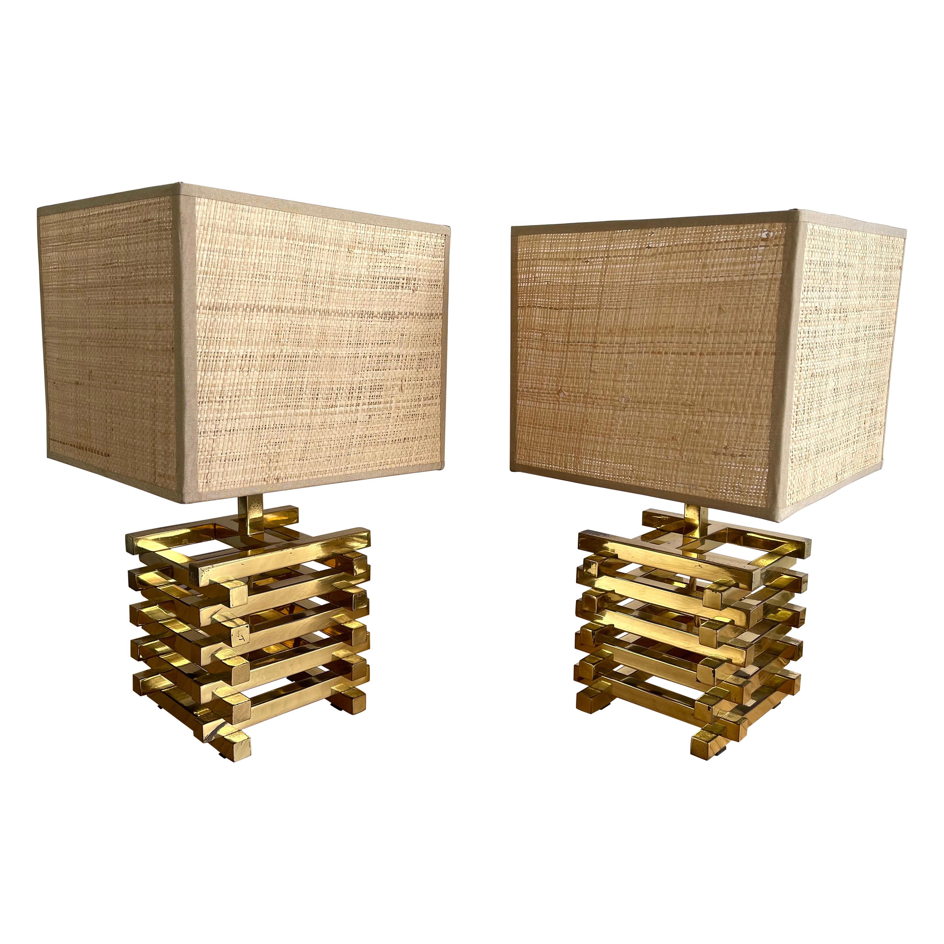 Pair of Brass Cage Lamps by Sciolari, Italy, 1970s