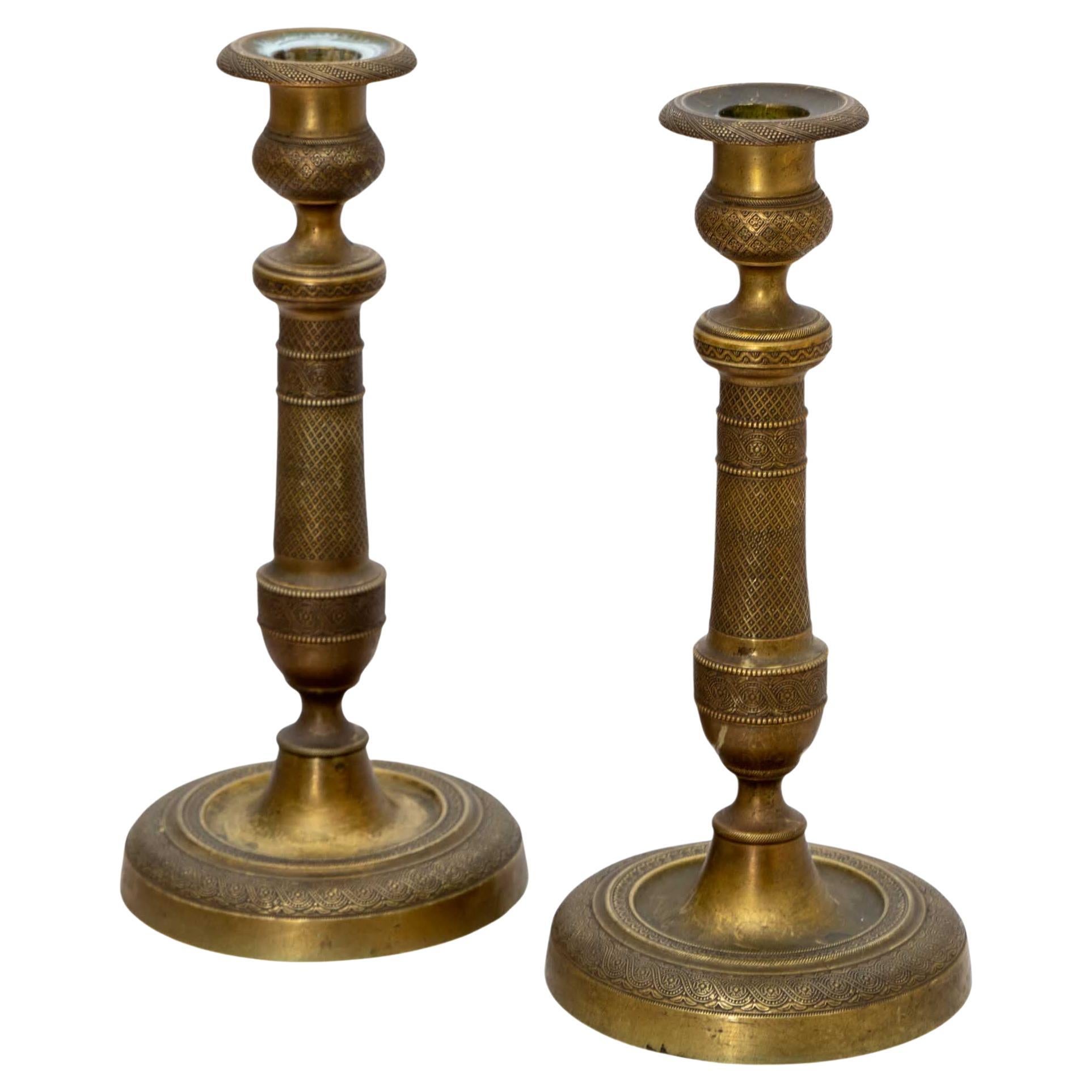 Antique Brass Adjustable Push Up Pair of Candleholders, 19th