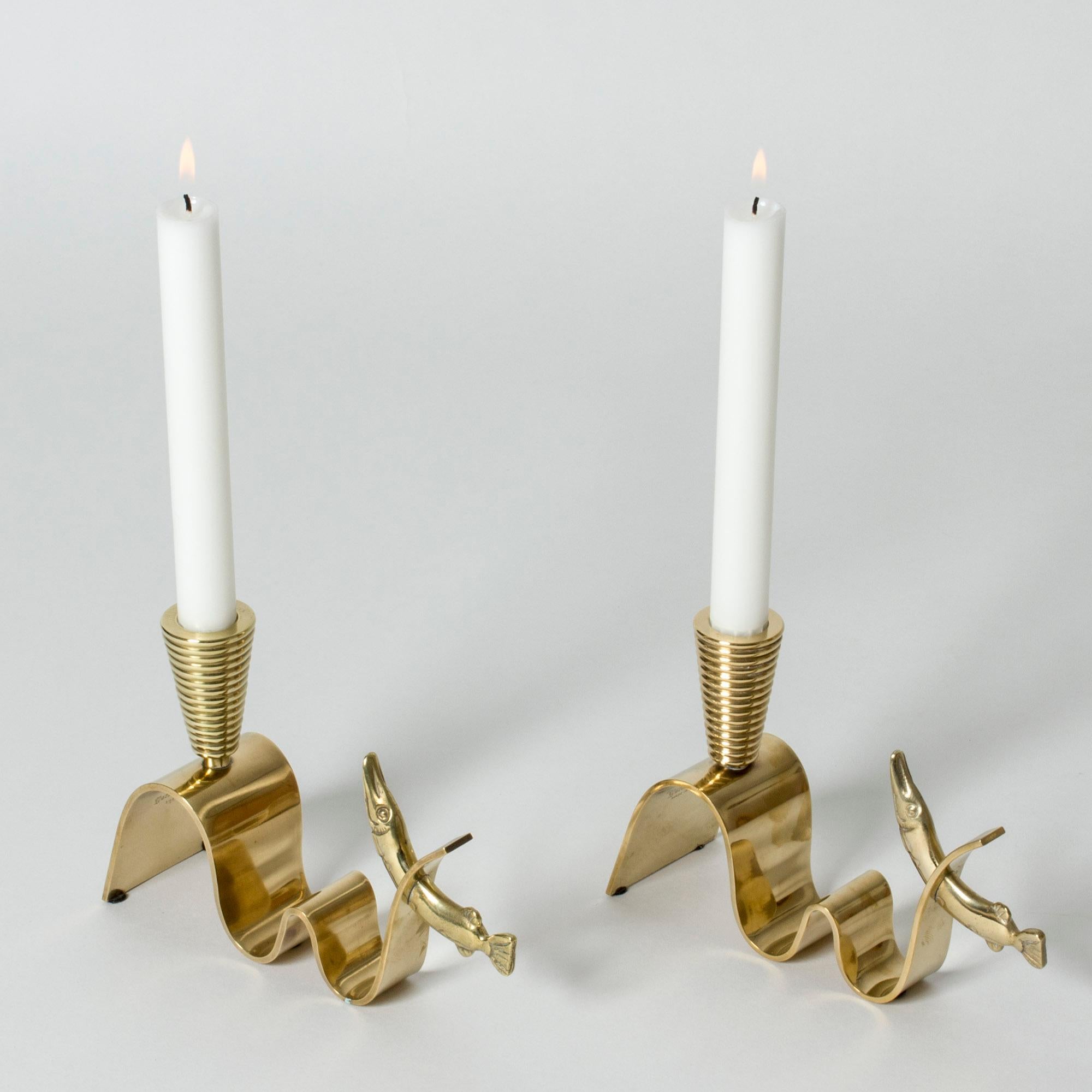 Scandinavian Modern Pair of Brass Candlesticks by Carl-Einar Borgström, Ystad Metall, Sweden, 1940s
