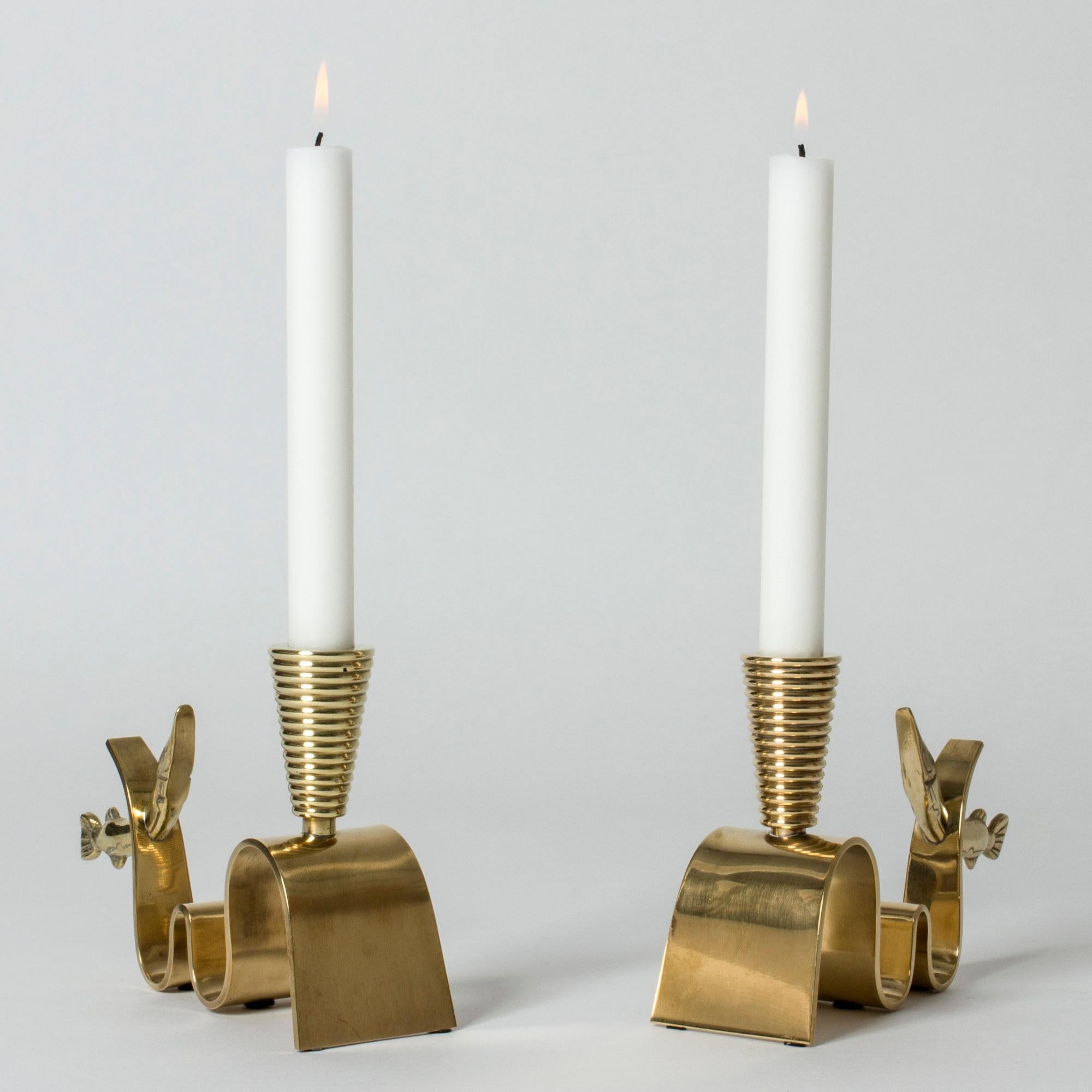 Swedish Pair of Brass Candlesticks by Carl-Einar Borgström, Ystad Metall, Sweden, 1940s