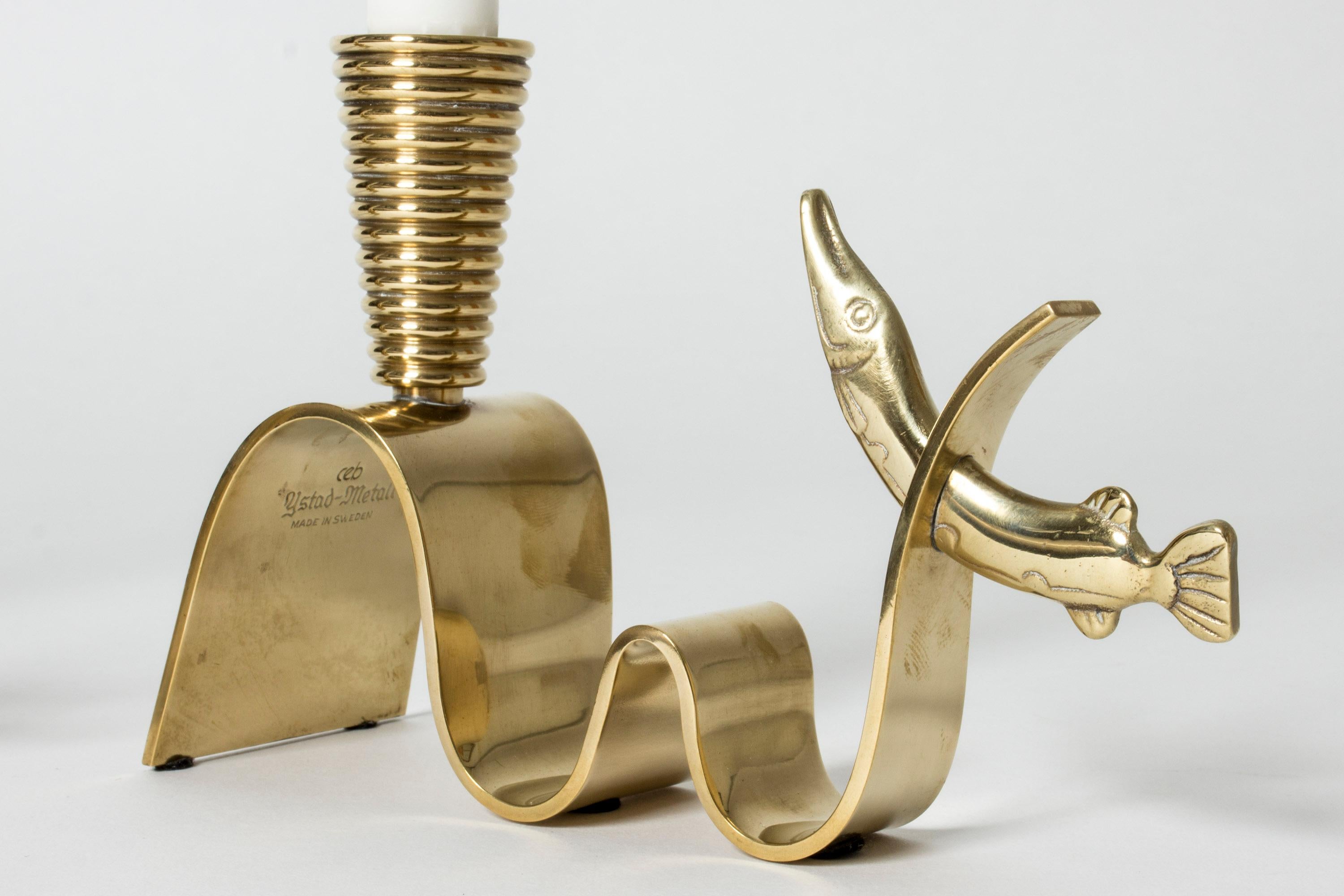 Pair of Brass Candlesticks by Carl-Einar Borgström, Ystad Metall, Sweden, 1940s In Good Condition In Stockholm, SE