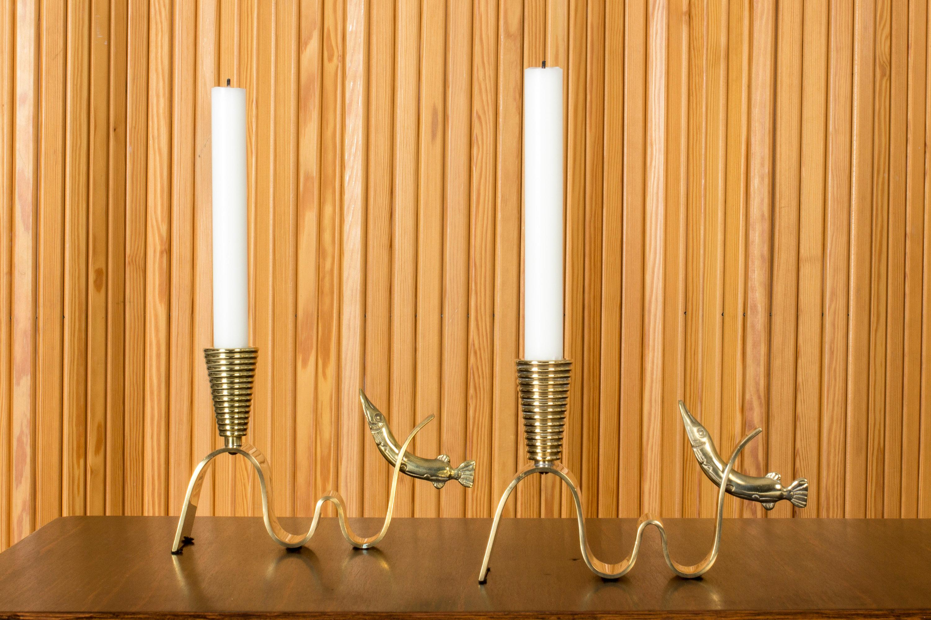 Mid-20th Century Pair of Brass Candlesticks by Carl-Einar Borgström, Ystad Metall, Sweden, 1940s